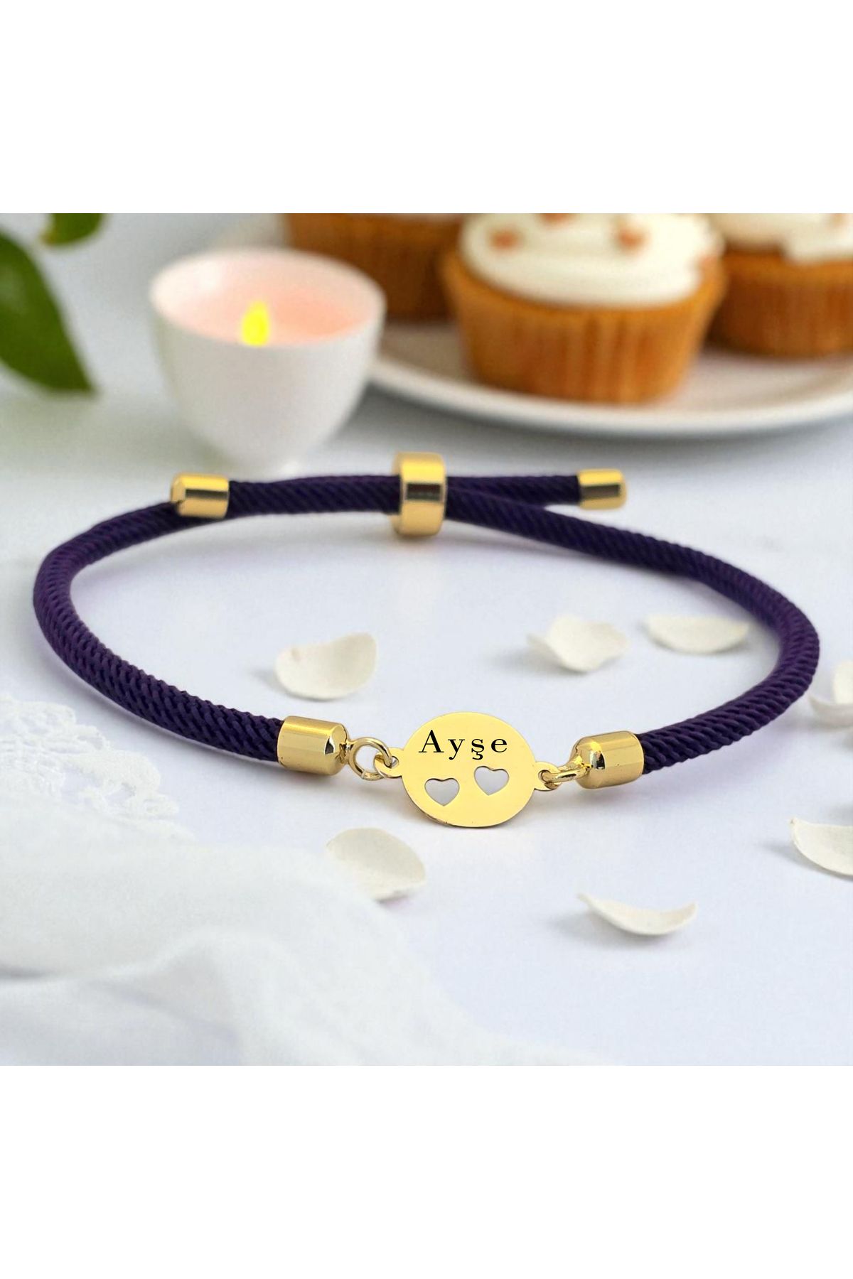 ARCHINO GOLD Ayşe Yazılı Kalpli Oval Motifli 14 Ayar Altın Plakalı Mor İpek Örgülü Hediye Bileklik-518isim