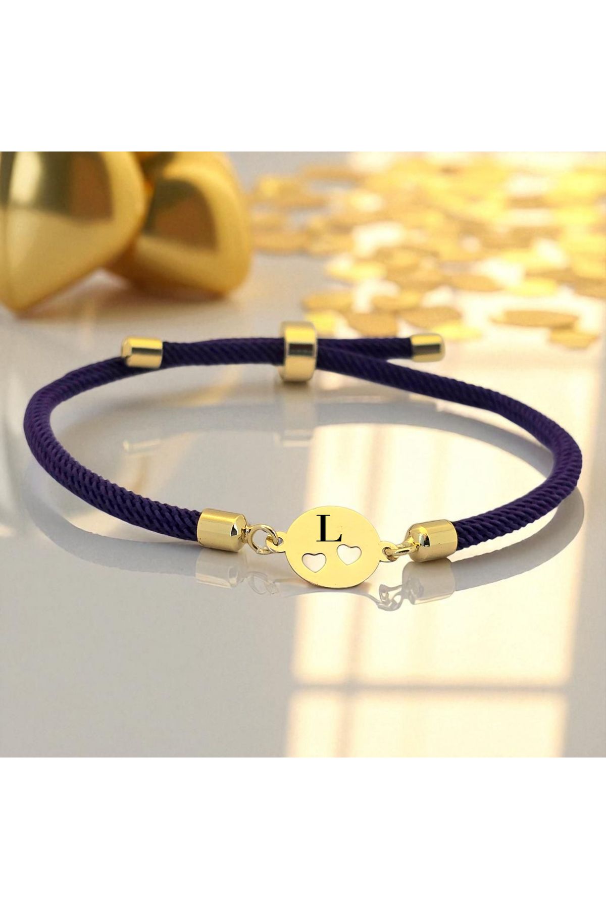 ARCHINO GOLD L Harfine Özel 14 Ayar Altın Plakalı Mor İpek Örgülü Kalpli Oval Motifli Hediye Bileklik-518harf