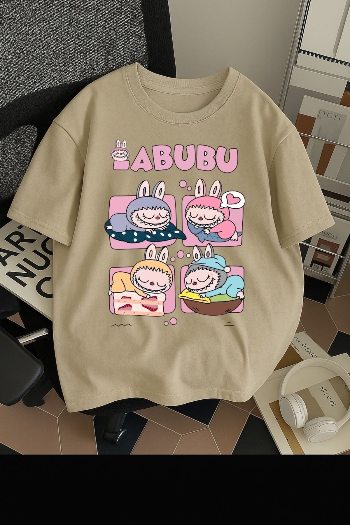 SOHR Unisex Erkek/Kadın Labubu Dörtlü Renkli Baskılı Oversize Pamuklu T-Shirt