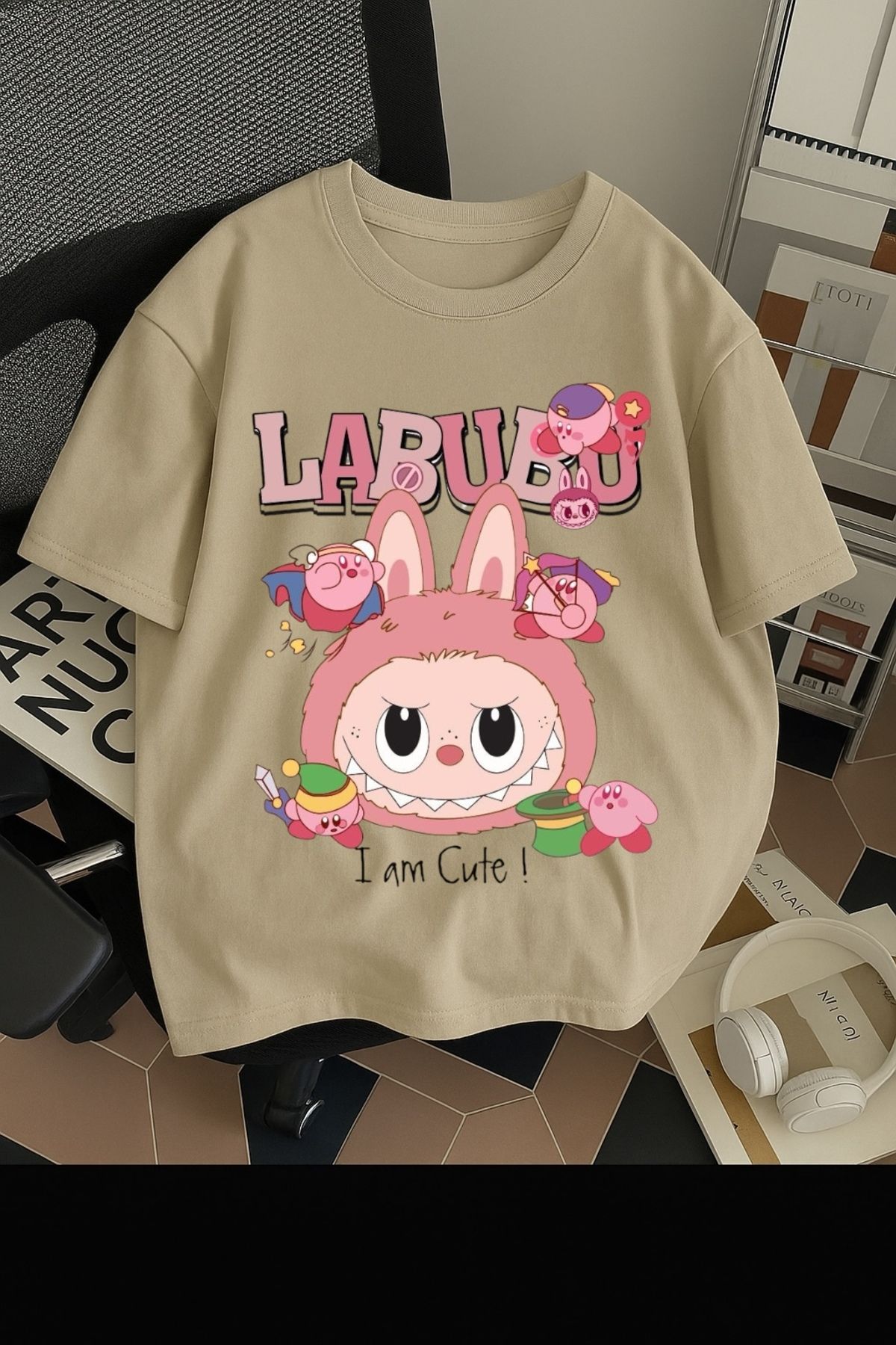 SOHR Unisex Erkek/Kadın Labubu Im Cute Renkli Baskılı Oversize Pamuklu T-Shirt