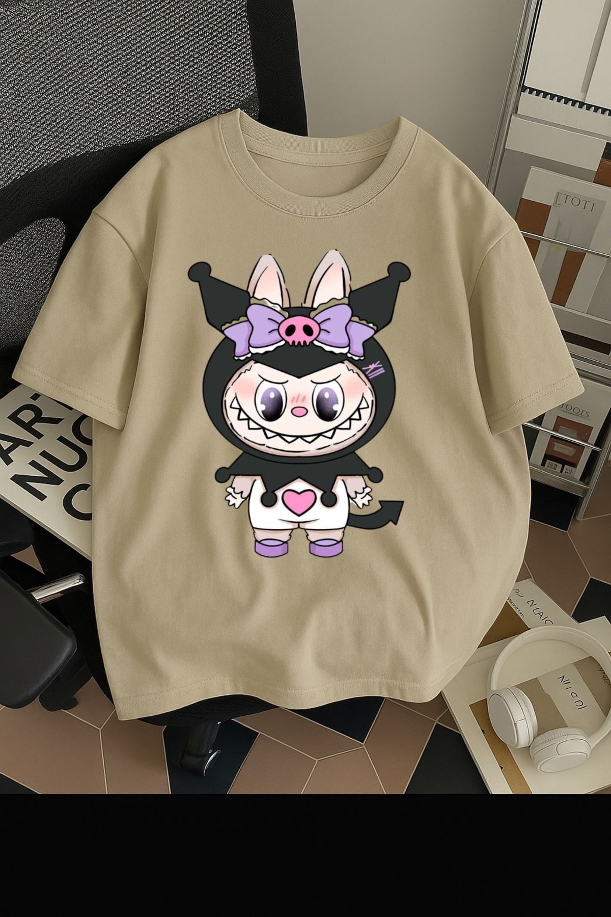 SOHR Unisex Erkek/Kadın Kuromi Labubu Renkli Baskılı Oversize Pamuklu T-Shirt