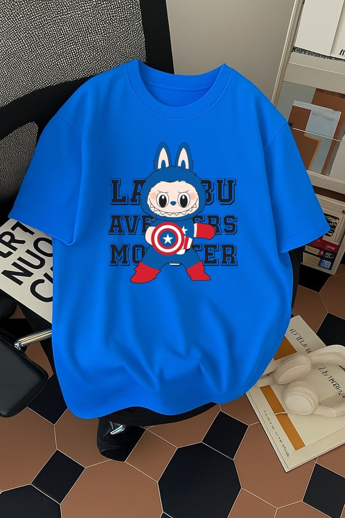 SOHR Unisex Erkek/Kadın Kaptan Amerika Labubu Renkli Baskılı Oversize Pamuklu T-Shirt