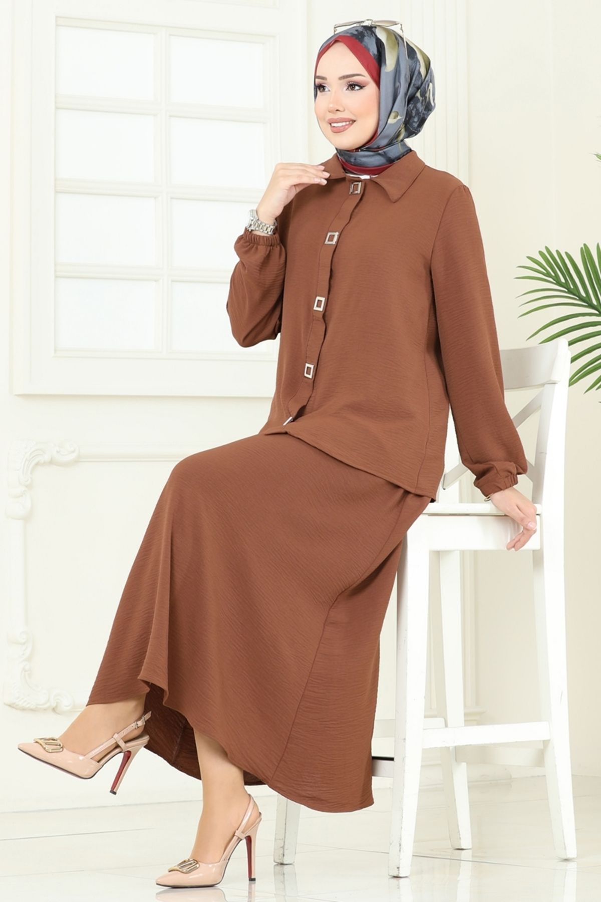 Modaselvim Çıtçıt Detay Etekli Takım 6022UZ662 Kahve