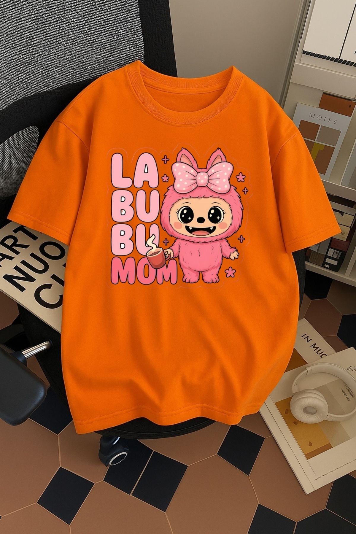 SOHR Unisex Erkek/Kadın Labubu Mom Renkli Baskılı Oversize Pamuklu T-Shirt