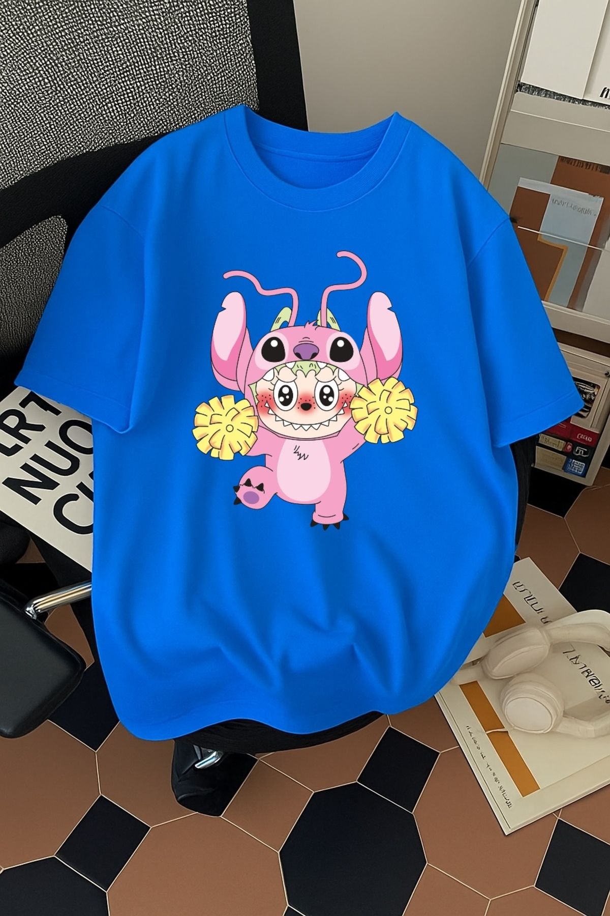 SOHR Unisex Erkek/Kadın Angel Labubu Renkli Baskılı Oversize Pamuklu T-Shirt
