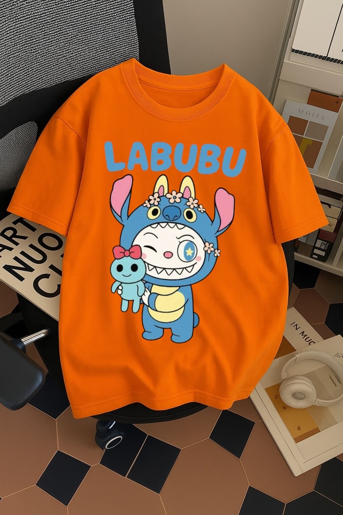 SOHR Unisex Erkek/Kadın Labubu Stitch Renkli Baskılı Oversize Pamuklu T-Shirt