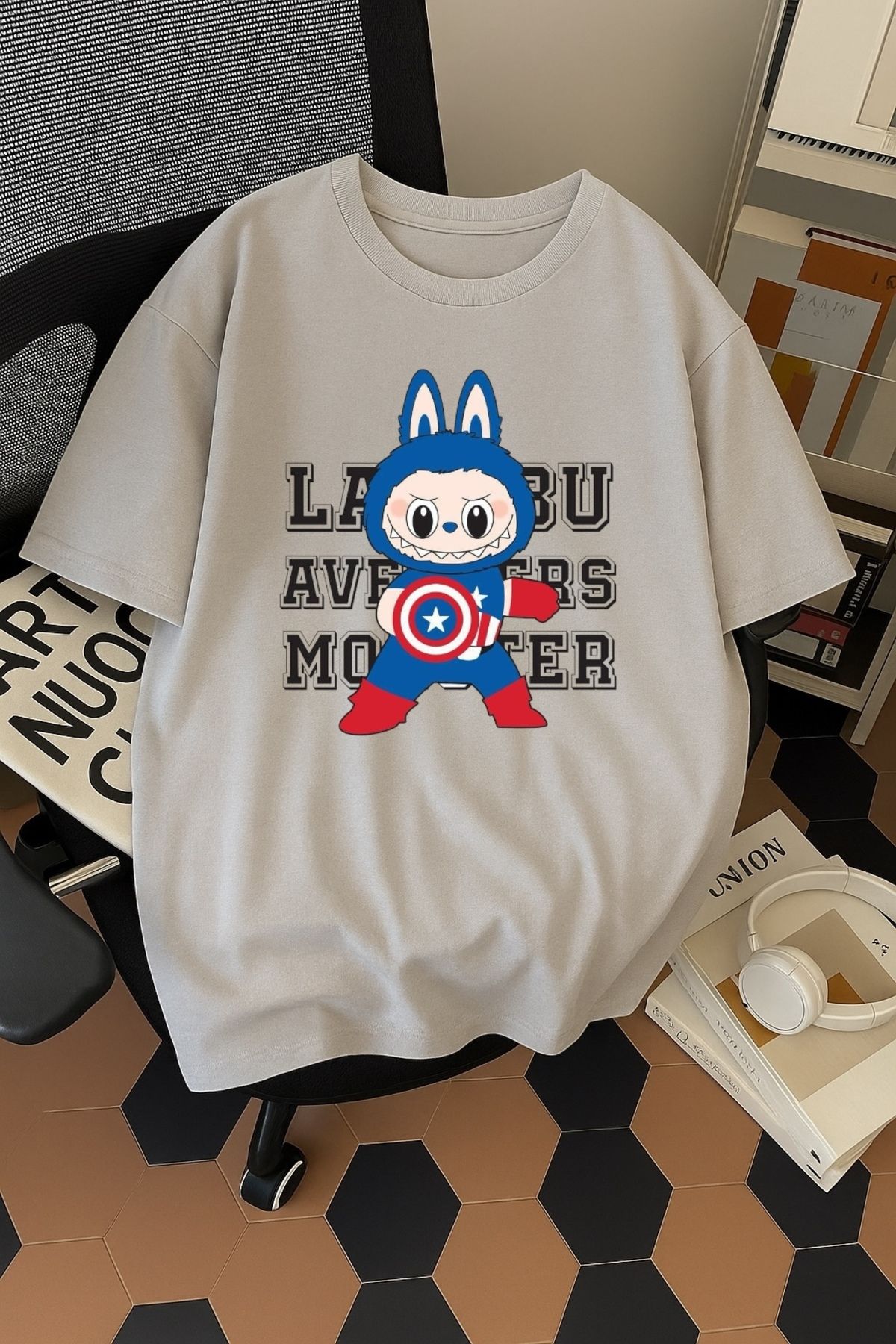 SOHR Unisex Erkek/Kadın Kaptan Amerika Labubu Renkli Baskılı Oversize Pamuklu T-Shirt