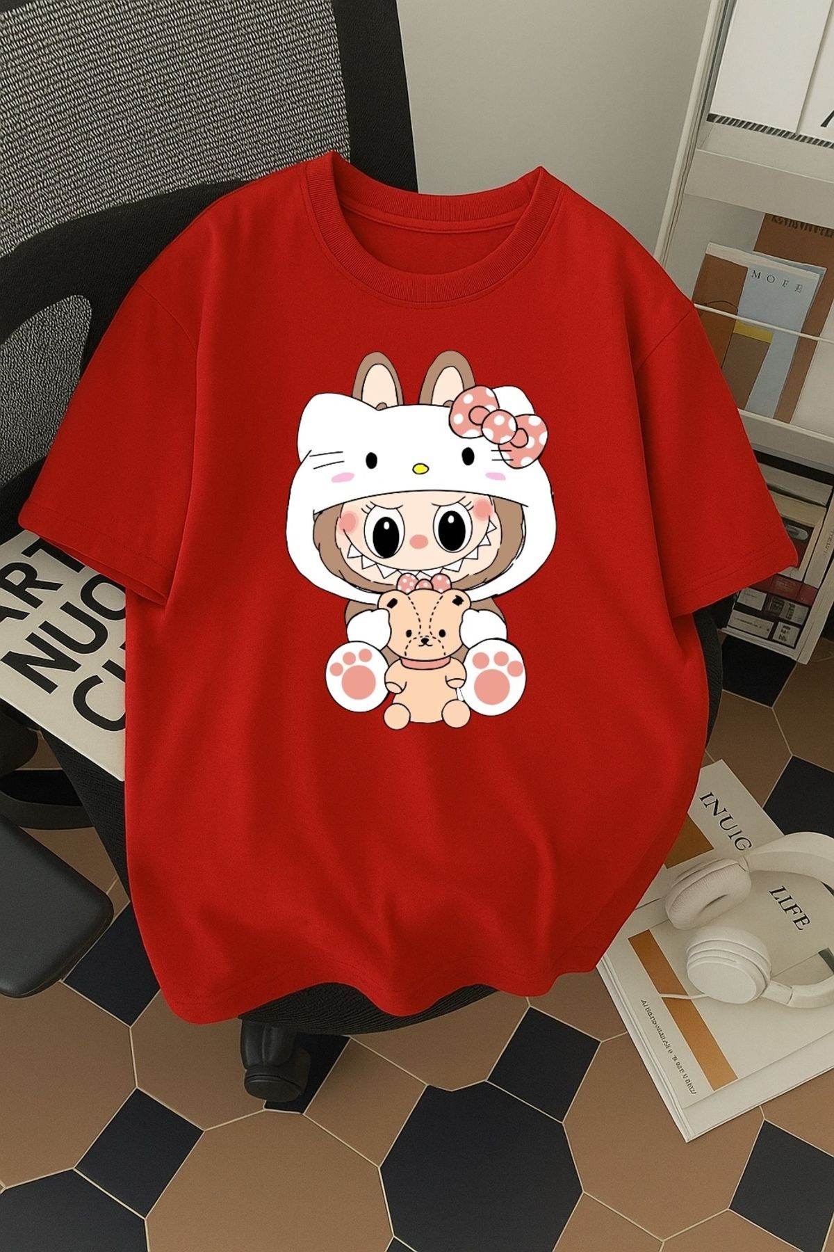 SOHR Unisex Erkek/Kadın Kitty Labubu Renkli Baskılı Oversize Pamuklu T-Shirt