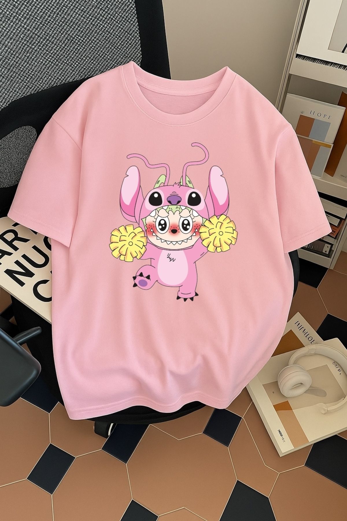 SOHR Unisex Erkek/Kadın Angel Labubu Renkli Baskılı Oversize Pamuklu T-Shirt
