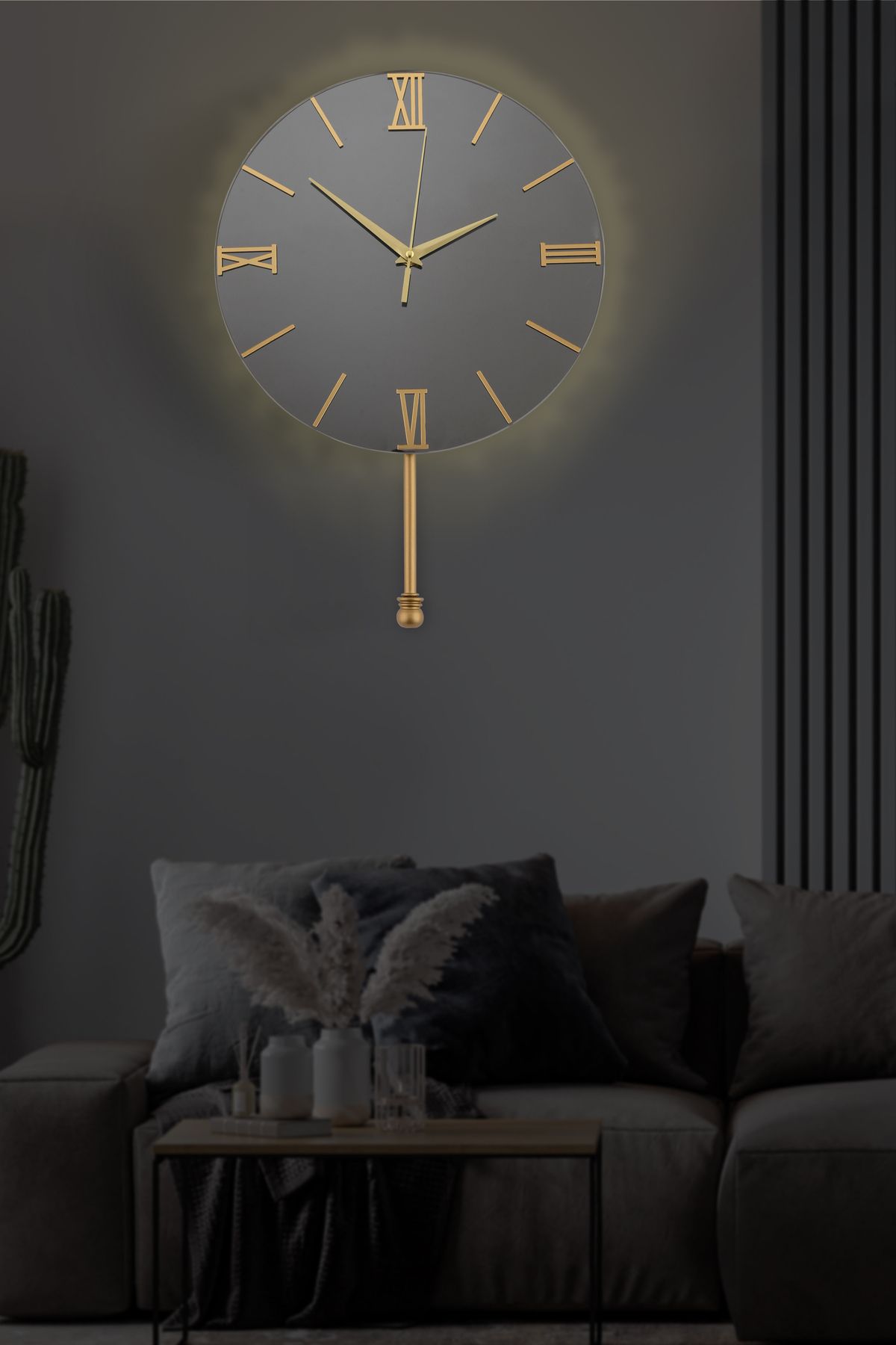 HELVACIOĞLU AKSESUAR Aynalı Tokmak Detaylı Duvar Saati Led Işıklı 30 cm
