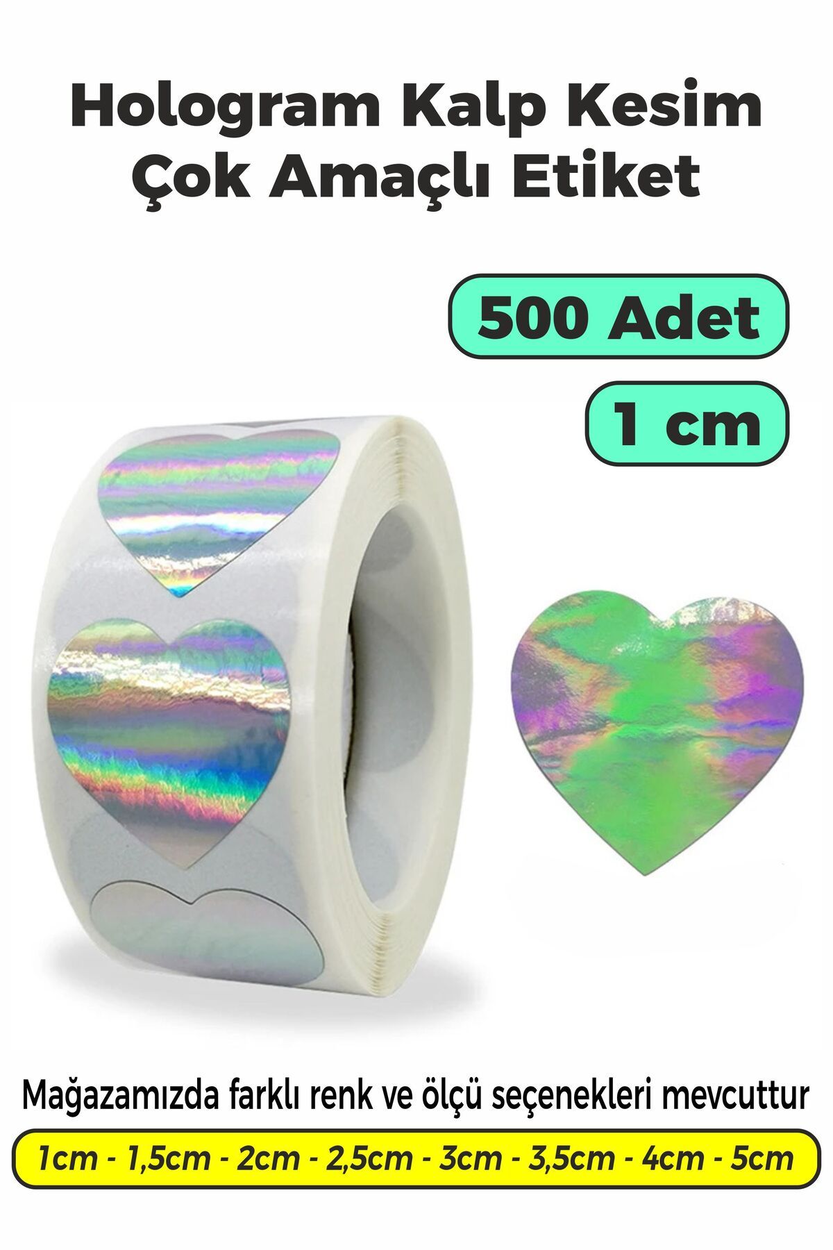 SB store Hologram Renk Kalp Kesim Çok Amaçlı Etiket 1cm 500 Adet