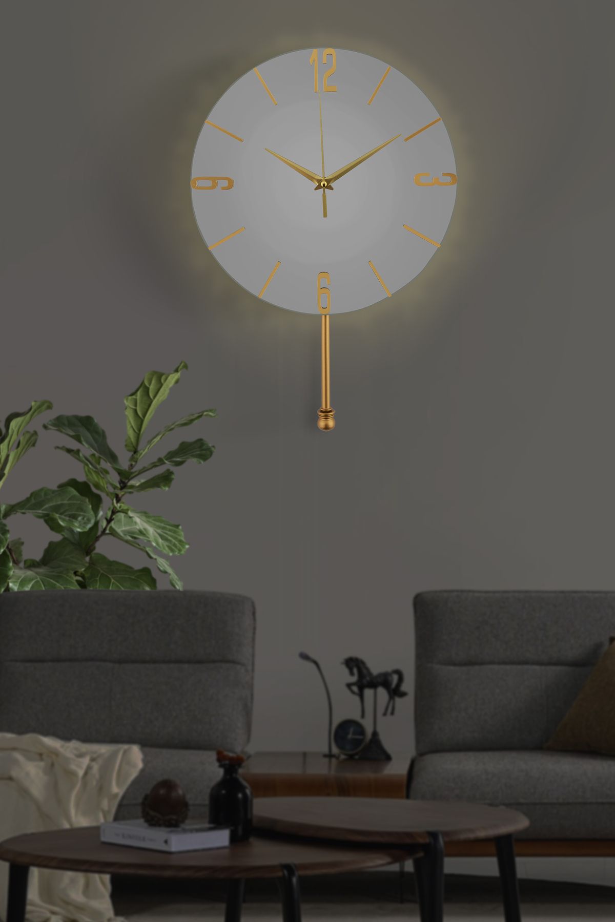 HELVACIOĞLU AKSESUAR Aynalı Tokmak Detaylı Duvar Saati Led Işıklı 30 cm