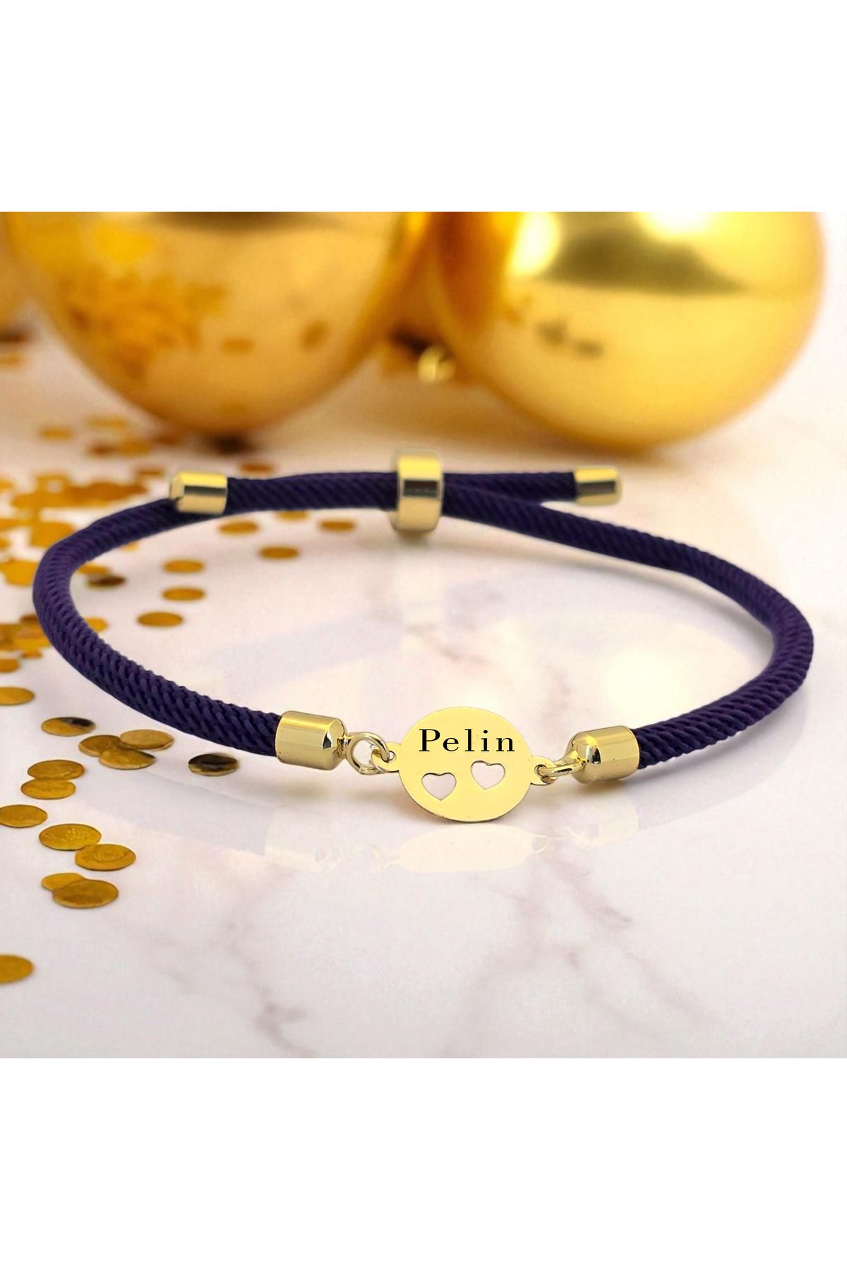 ARCHINO GOLD Pelin Yazılı Kalpli Oval Motifli 14 Ayar Altın Plakalı Mor İpek Örgülü Hediye Bileklik-518isim