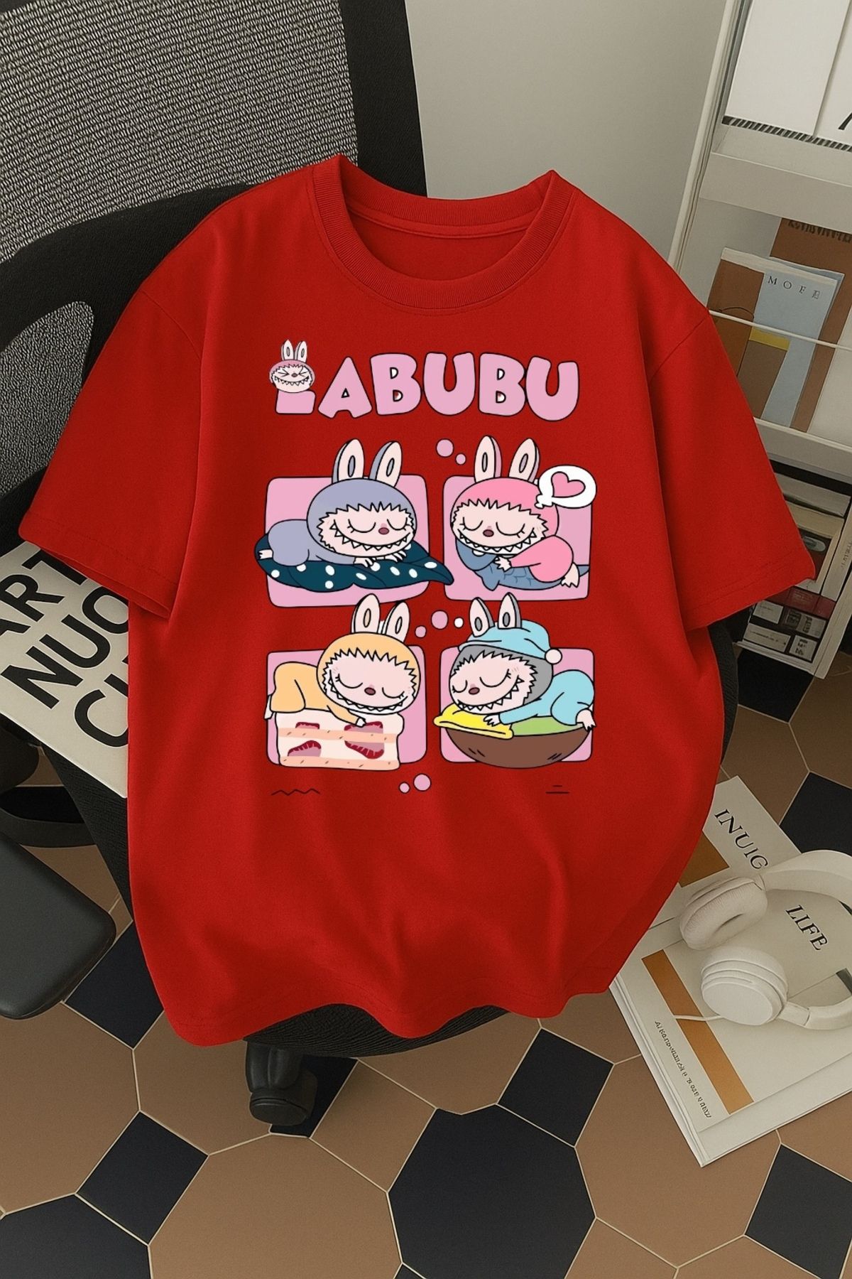 SOHR Unisex Erkek/Kadın Labubu Dörtlü Renkli Baskılı Oversize Pamuklu T-Shirt