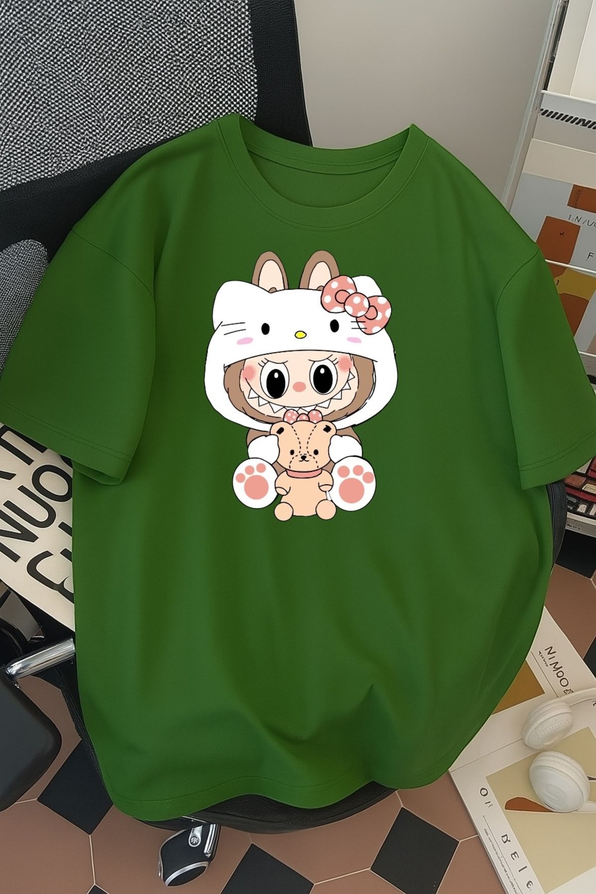 SOHR Unisex Erkek/Kadın Kitty Labubu Renkli Baskılı Oversize Pamuklu T-Shirt