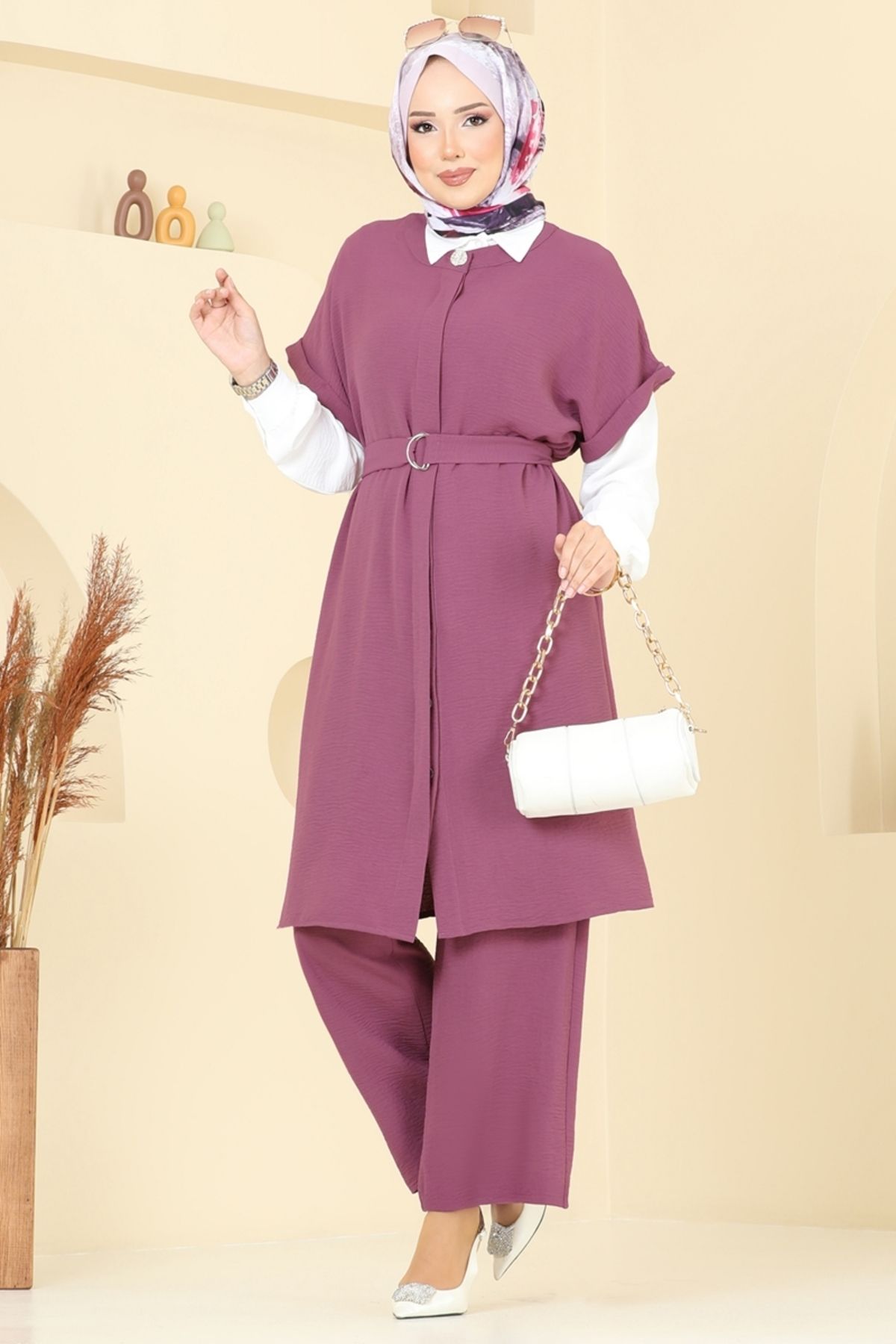 Modaselvim Gizli Düğmeli Üçlü Takım 384DVL817 Koyu Lila
