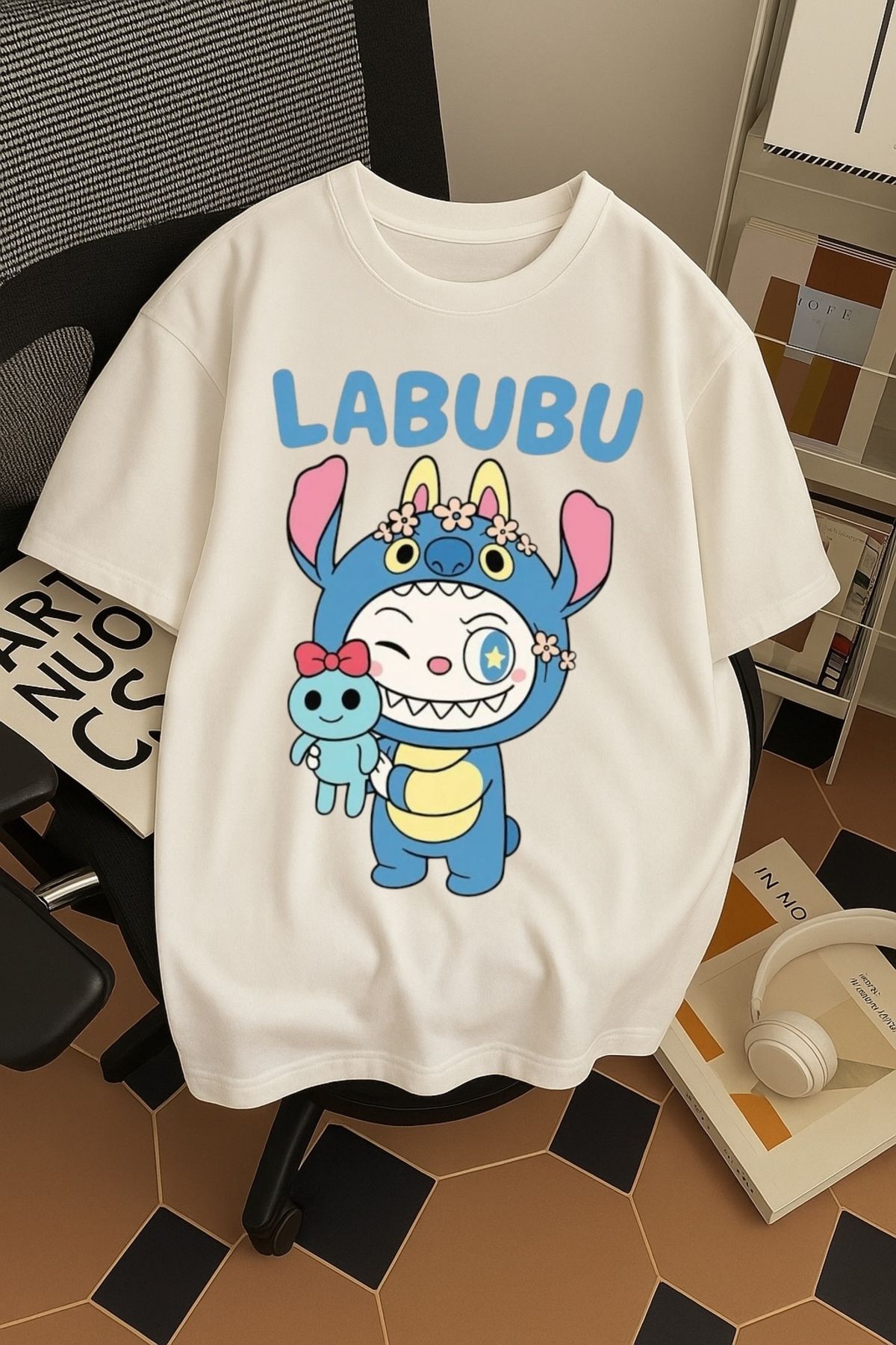 SOHR Unisex Erkek/Kadın Labubu Stitch Renkli Baskılı Oversize Pamuklu T-Shirt