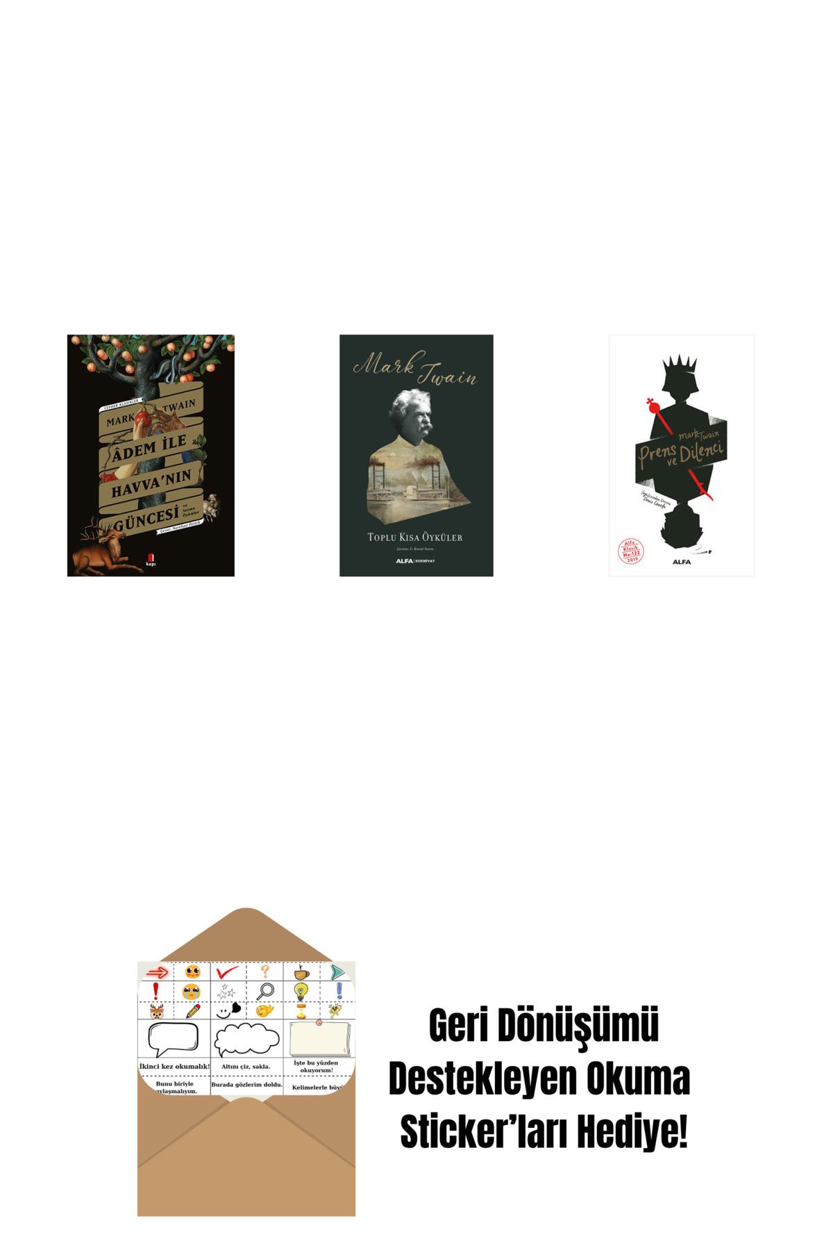 Alfa Yayınları Adem ile Havva’nın Güncesi + Toplu Kısa Öyküler (Ciltli) + Prens ve Dilenci + Okuma Sticker'ları