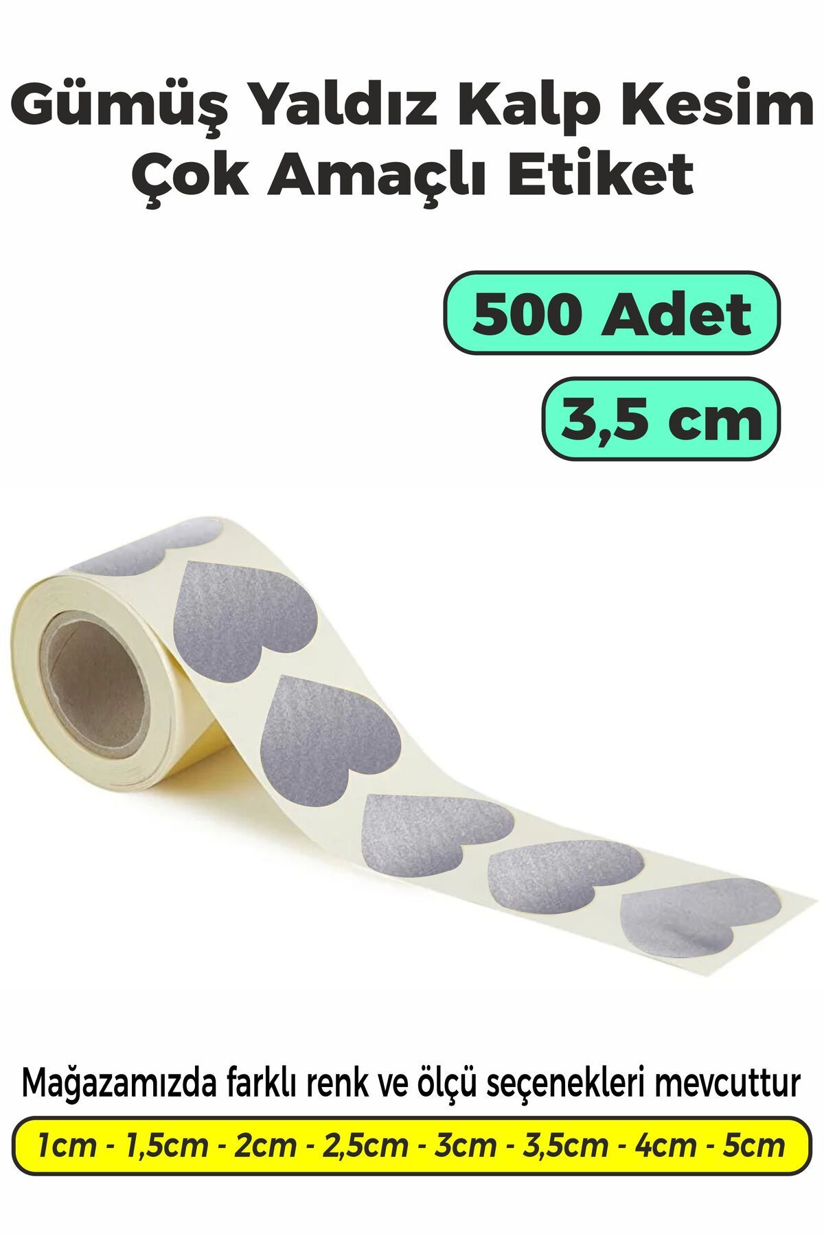 SB store Gümüş Yaldız Renk Kalp Kesim Çok Amaçlı Etiket 3,5cm 500 Adet