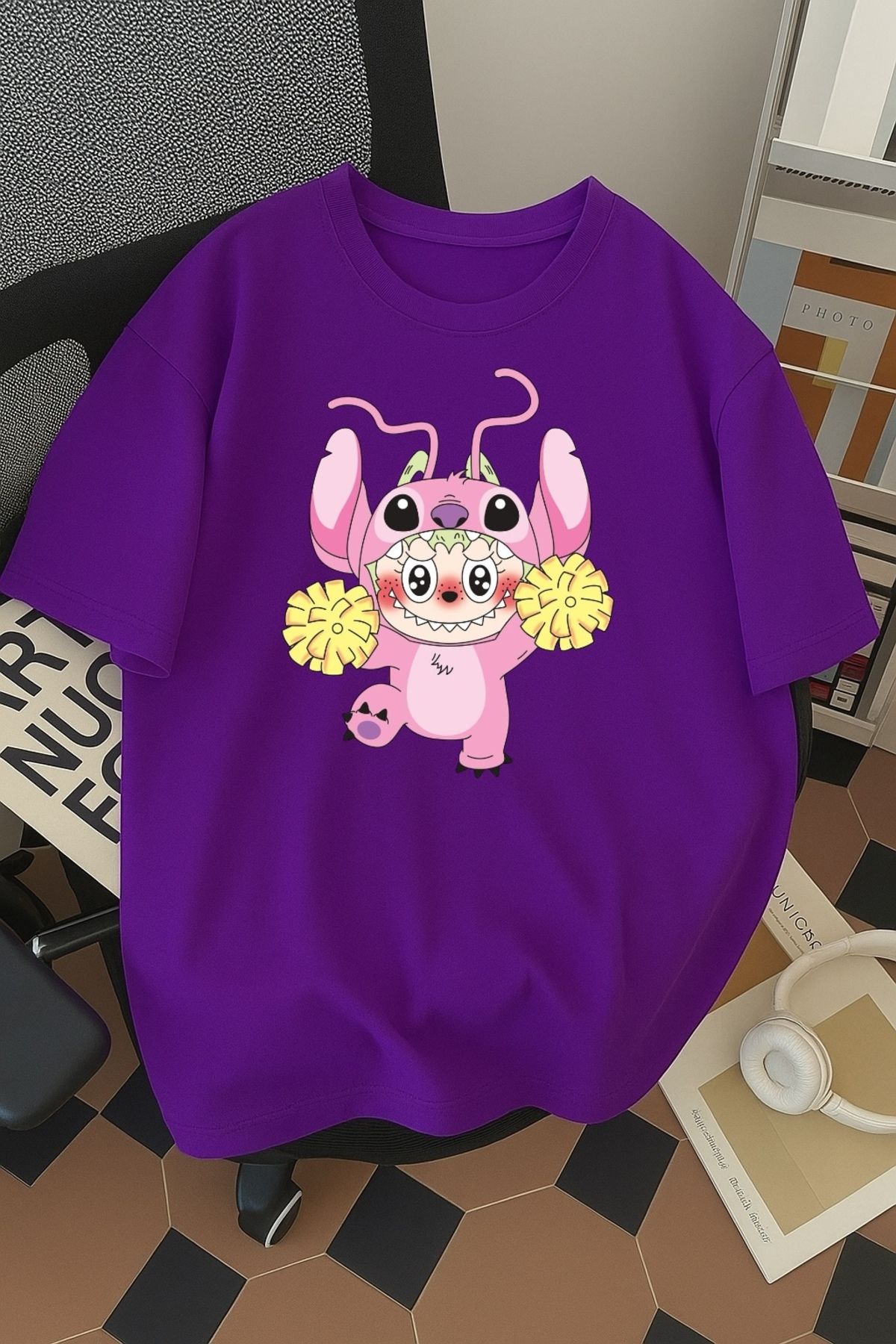 SOHR Unisex Erkek/Kadın Angel Labubu Renkli Baskılı Oversize Pamuklu T-Shirt