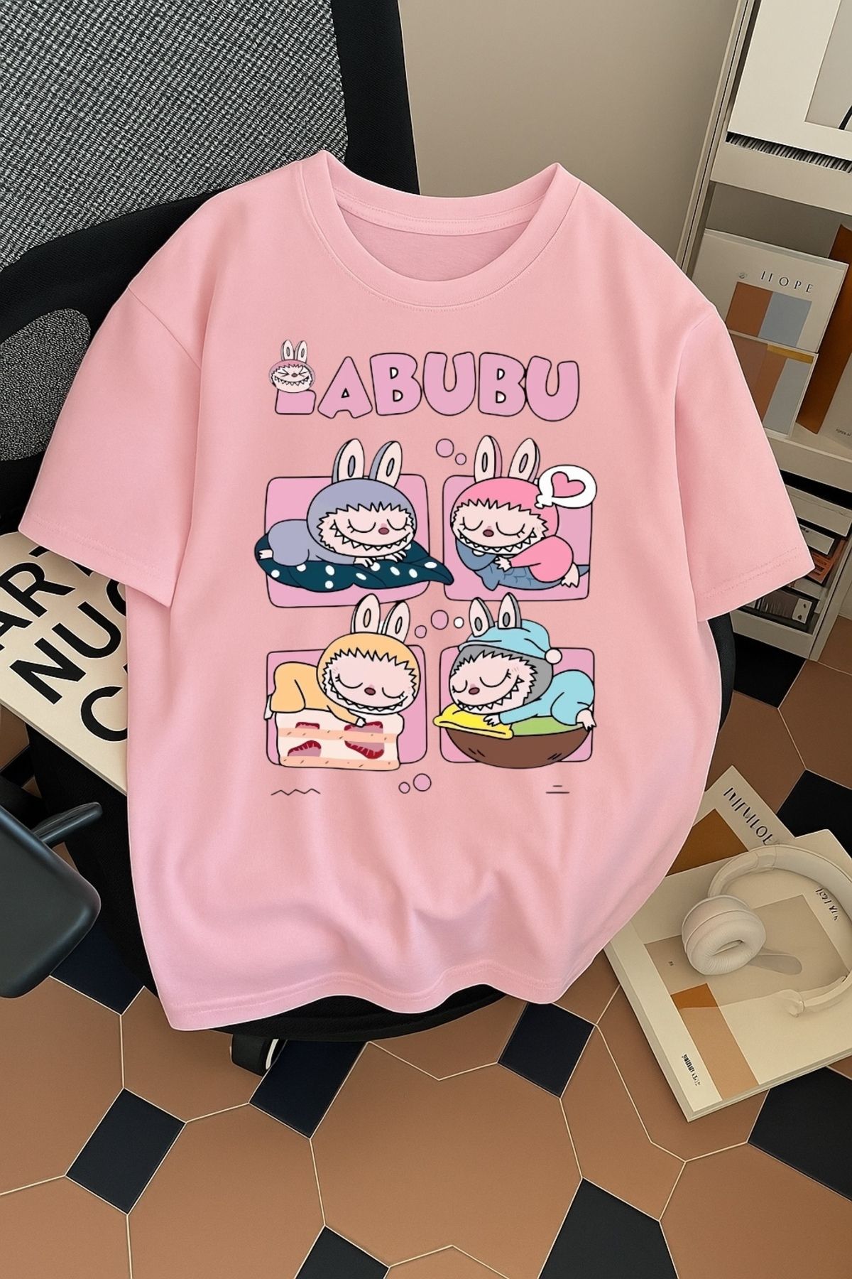 SOHR Unisex Erkek/Kadın Labubu Dörtlü Renkli Baskılı Oversize Pamuklu T-Shirt