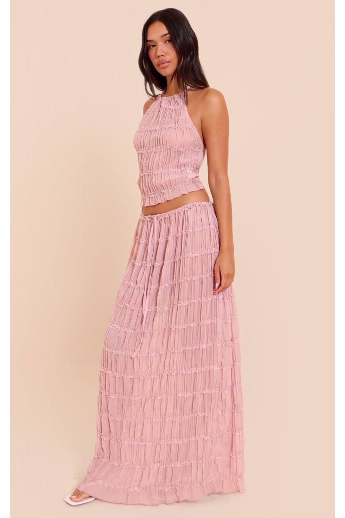 GREY Transparan Pembe Crop Etek Takım
