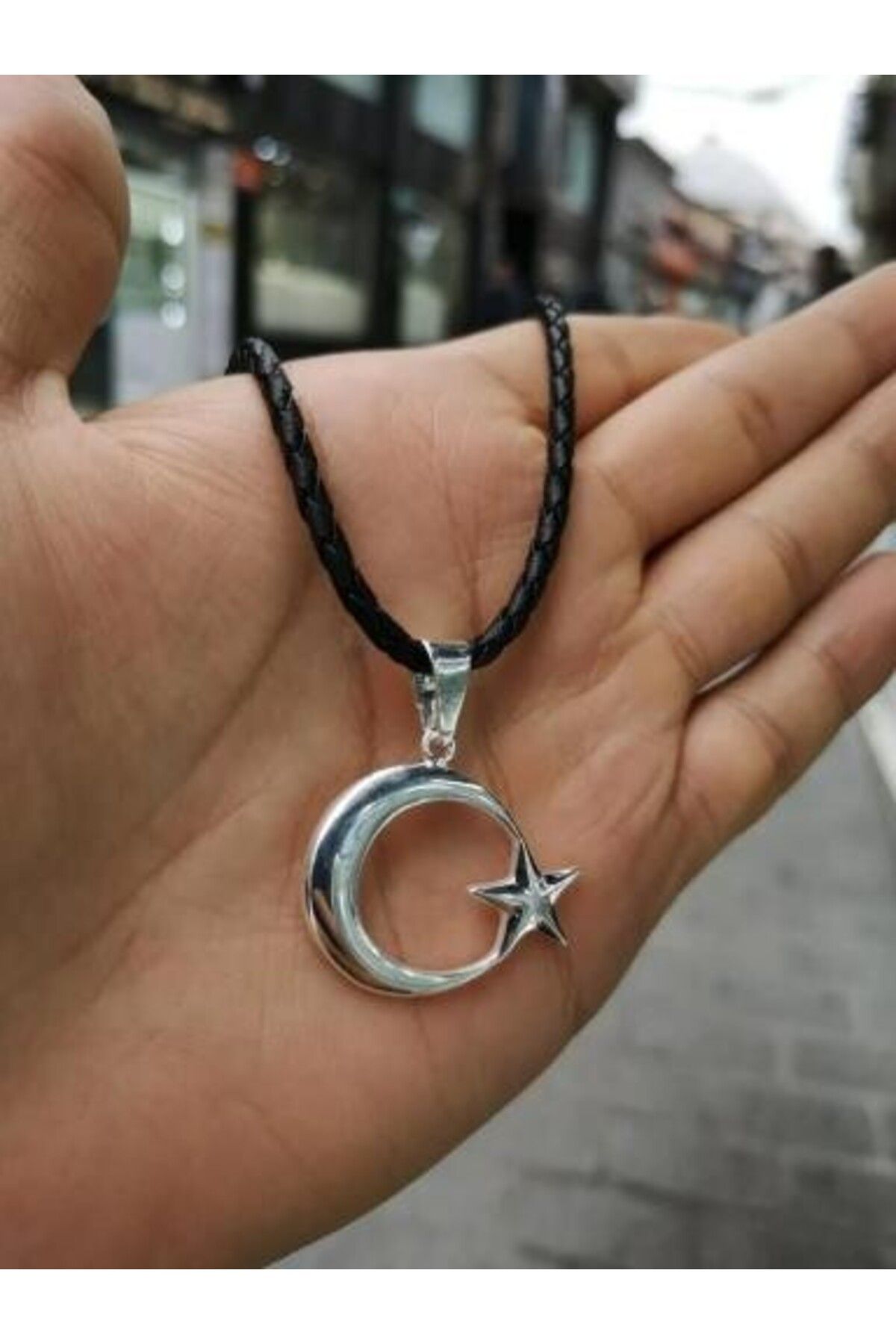 shop Ay Yıldız Deri İpli 925 Ayar Gümüş Erkek Kolye