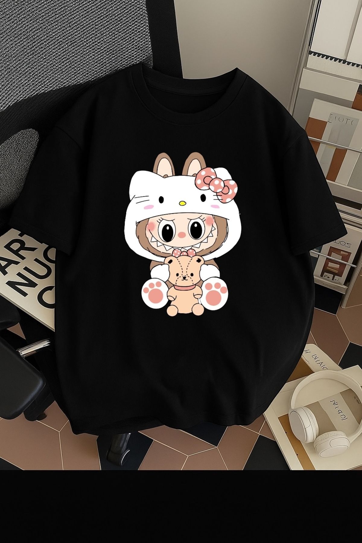 SOHR Unisex Erkek/Kadın Kitty Labubu Renkli Baskılı Oversize Pamuklu T-Shirt