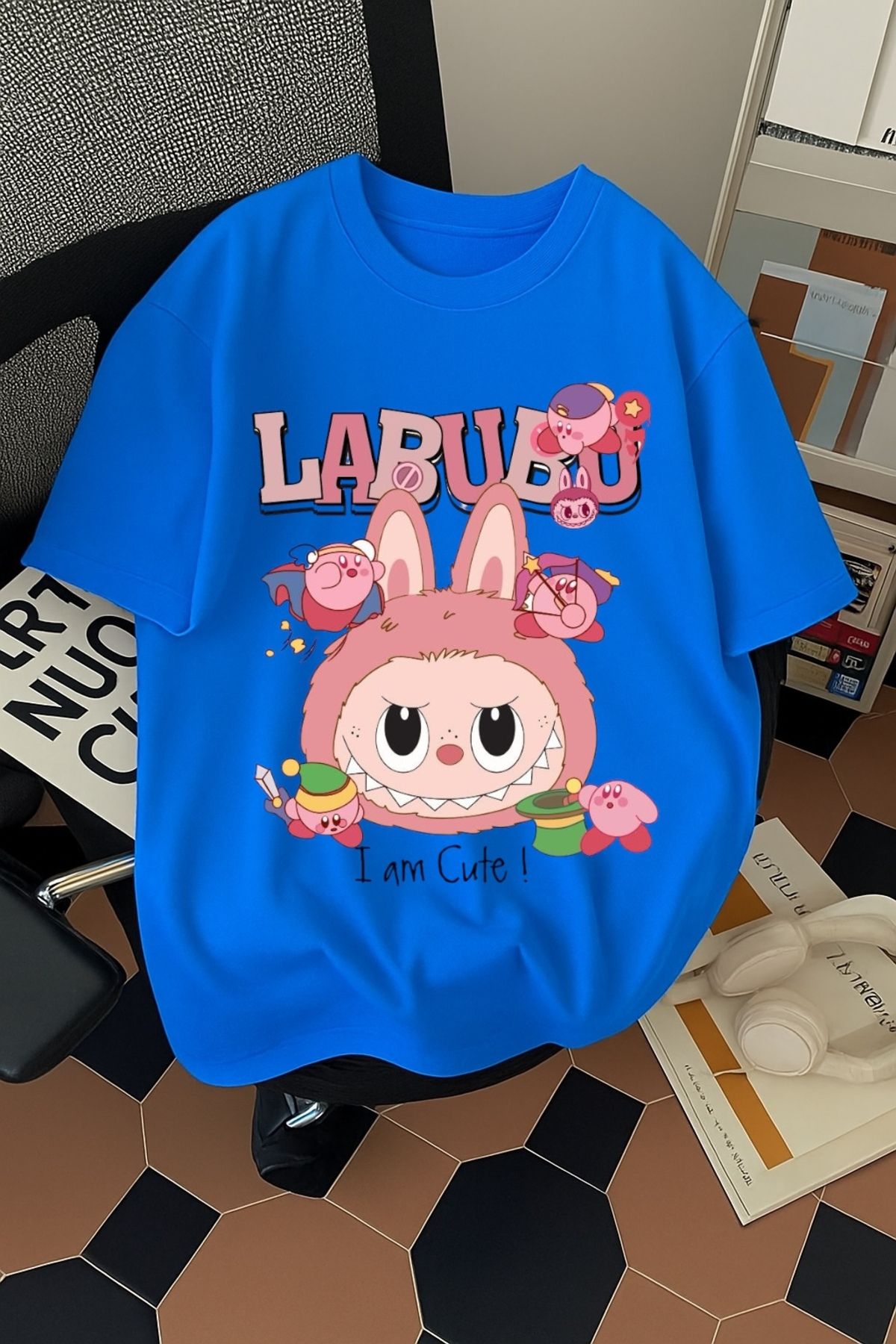 SOHR Unisex Erkek/Kadın Labubu Im Cute Renkli Baskılı Oversize Pamuklu T-Shirt