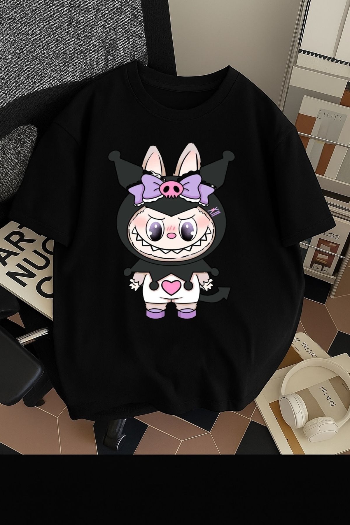 SOHR Unisex Erkek/Kadın Kuromi Labubu Renkli Baskılı Oversize Pamuklu T-Shirt