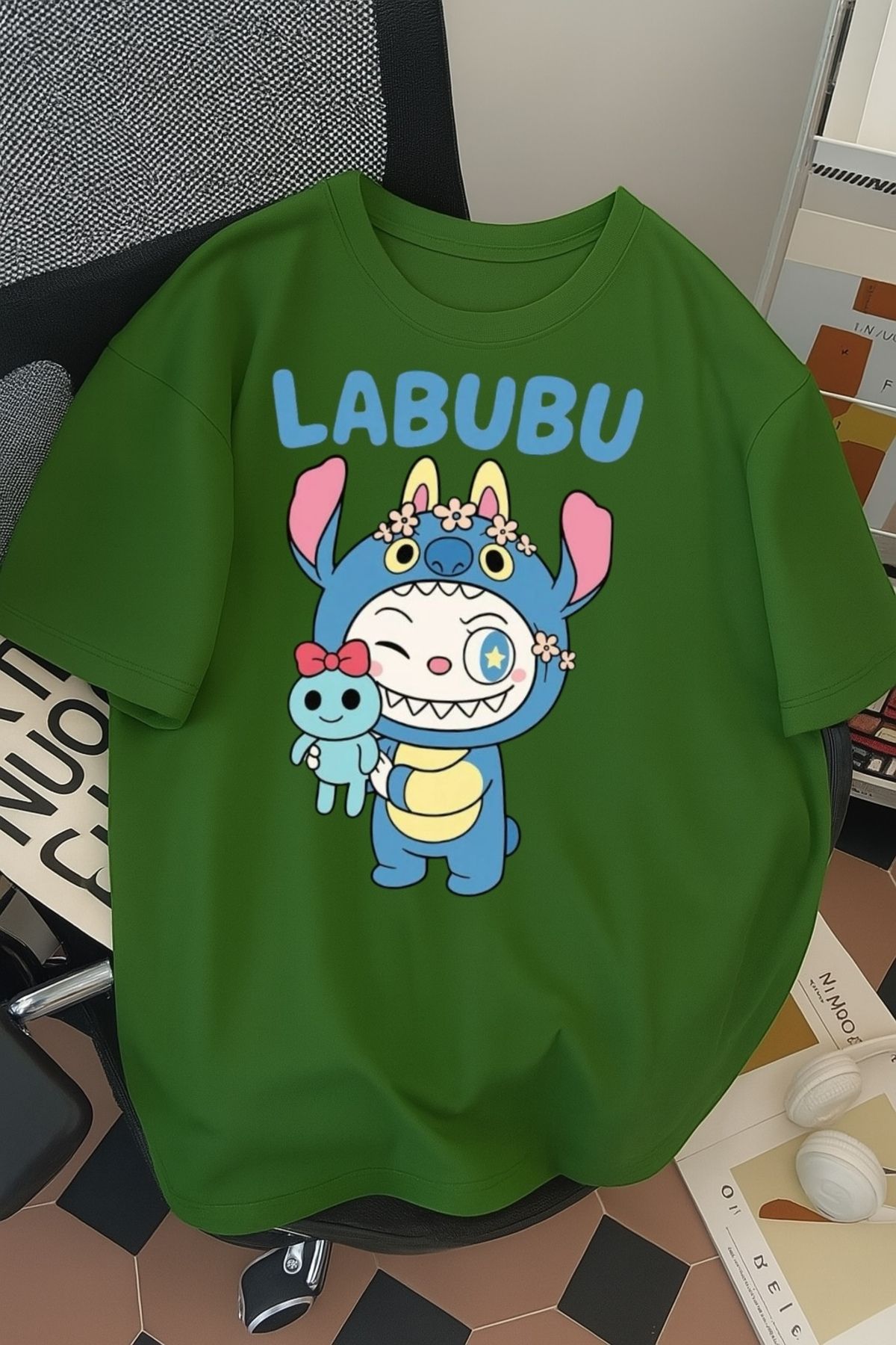 SOHR Unisex Erkek/Kadın Labubu Stitch Renkli Baskılı Oversize Pamuklu T-Shirt