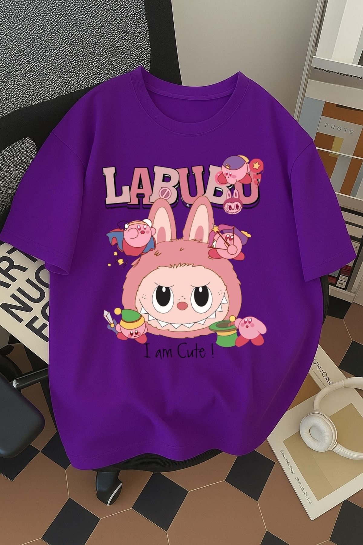 SOHR Unisex Erkek/Kadın Labubu Im Cute Renkli Baskılı Oversize Pamuklu T-Shirt
