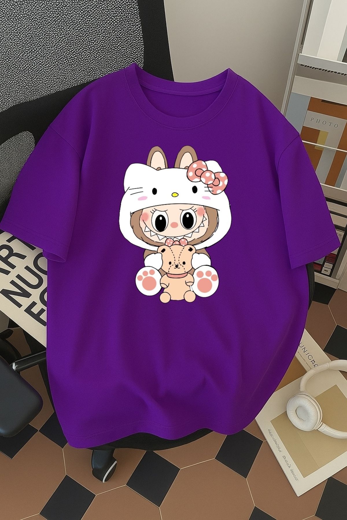 SOHR Unisex Erkek/Kadın Kitty Labubu Renkli Baskılı Oversize Pamuklu T-Shirt