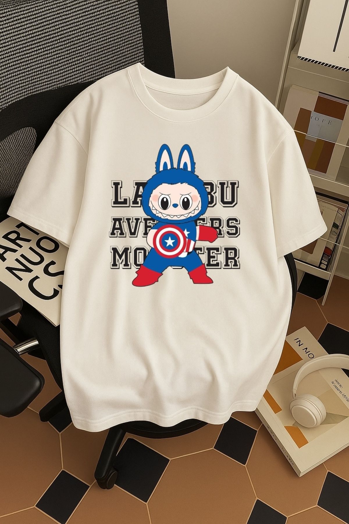 SOHR Unisex Erkek/Kadın Kaptan Amerika Labubu Renkli Baskılı Oversize Pamuklu T-Shirt