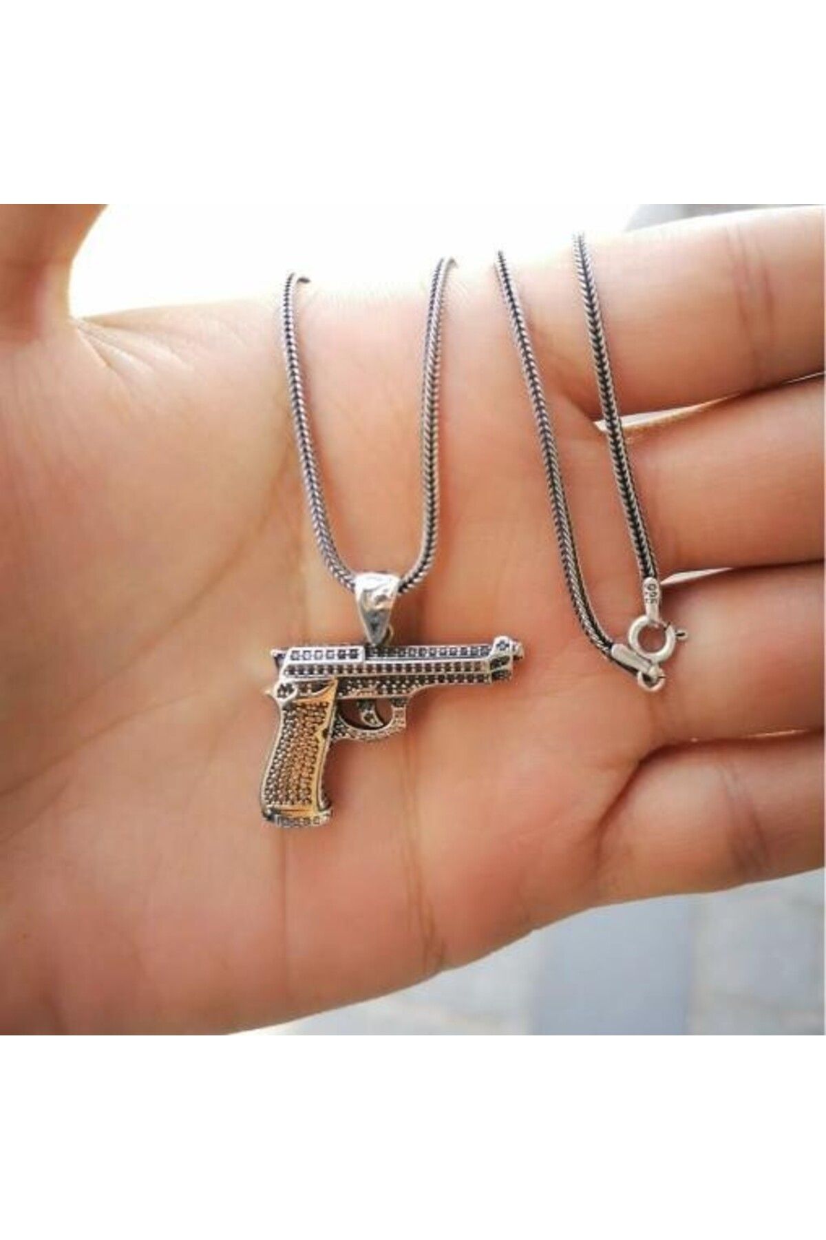 shop Özel Tabanca Tasarımlı 925 Ayar Gümüş Erkek Kolye