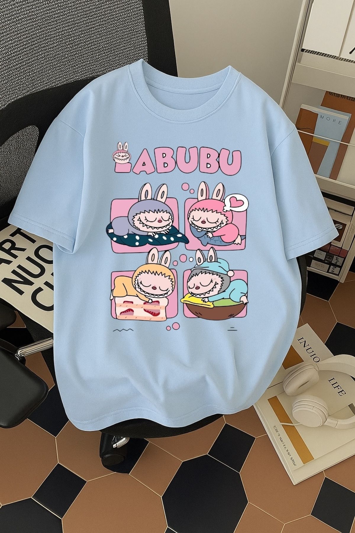 SOHR Unisex Erkek/Kadın Labubu Dörtlü Renkli Baskılı Oversize Pamuklu T-Shirt