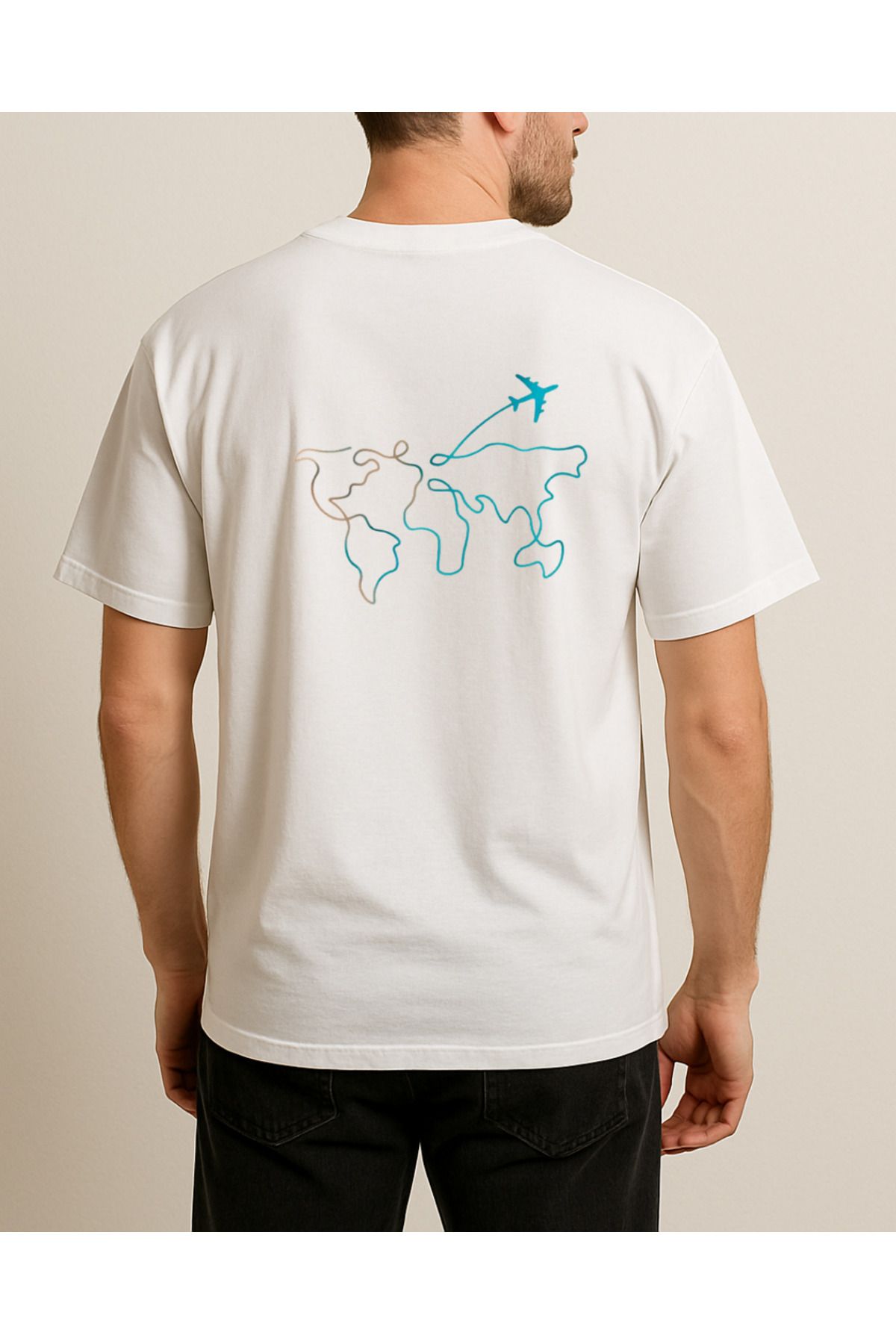 Ebiidesign Dünya Haritası ve Uçak Baskılı Tasarımlı T-Shirt