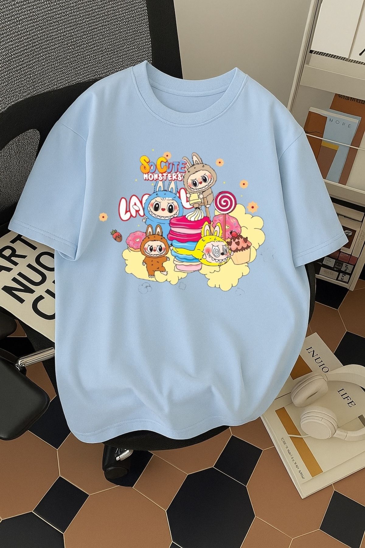 SOHR Unisex Erkek/Kadın Labubu So Cute Renkli Baskılı Oversize Pamuklu T-Shirt