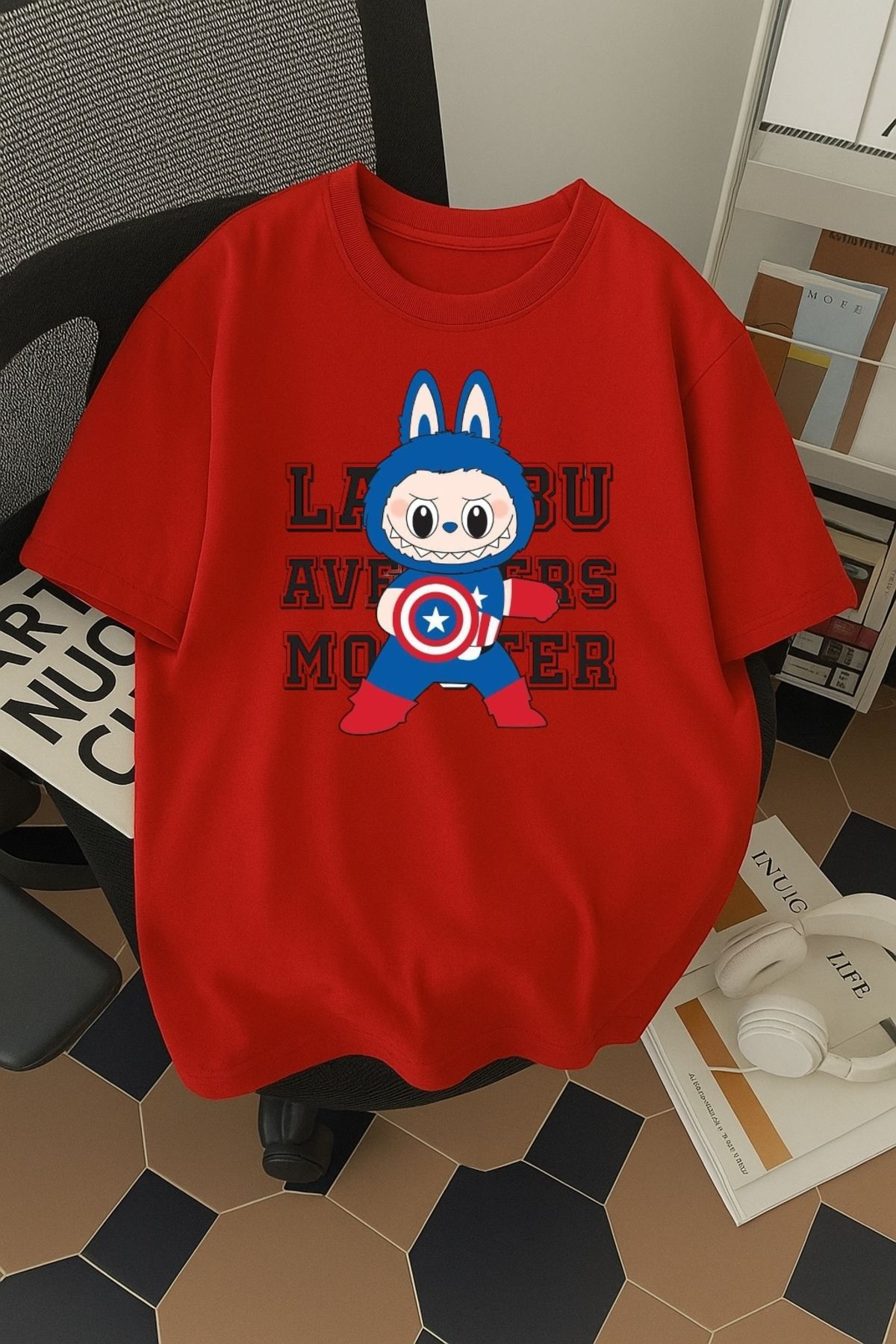 SOHR Unisex Erkek/Kadın Kaptan Amerika Labubu Renkli Baskılı Oversize Pamuklu T-Shirt