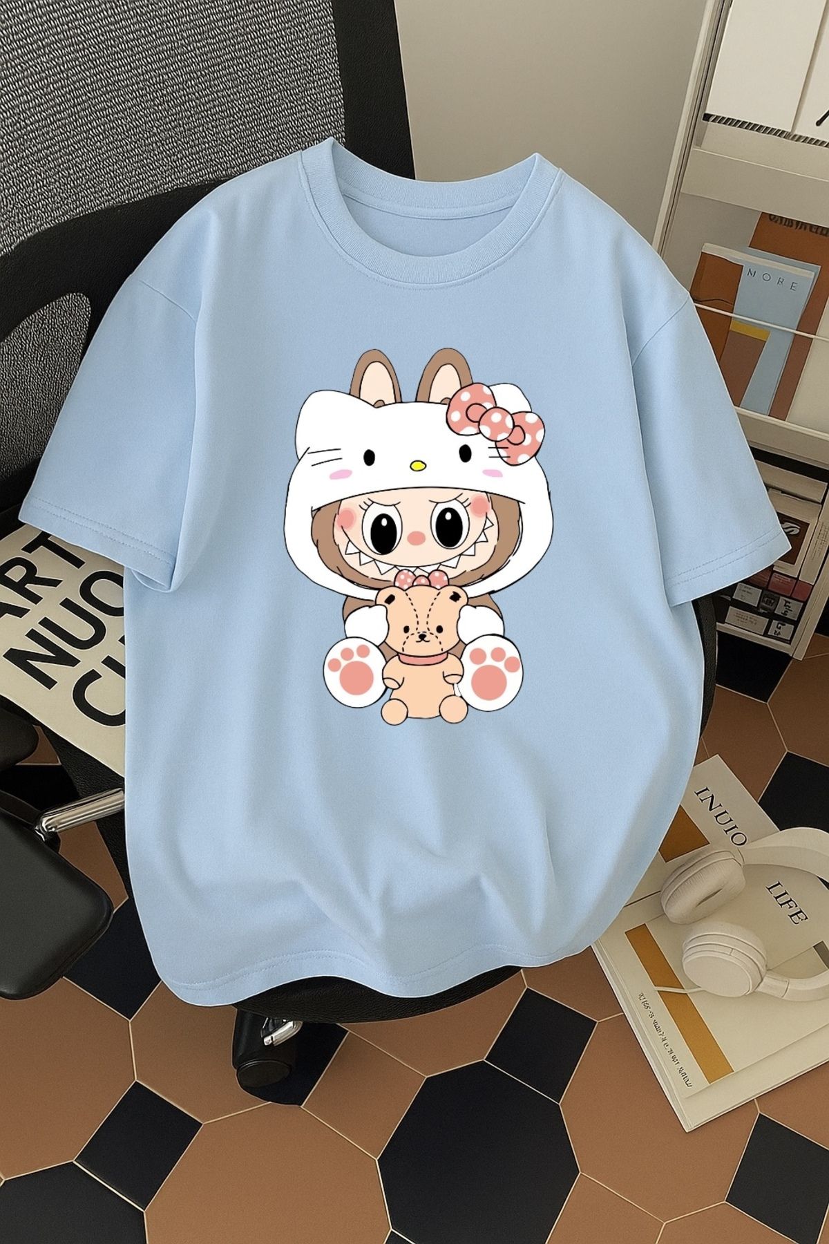 SOHR Unisex Erkek/Kadın Kitty Labubu Renkli Baskılı Oversize Pamuklu T-Shirt