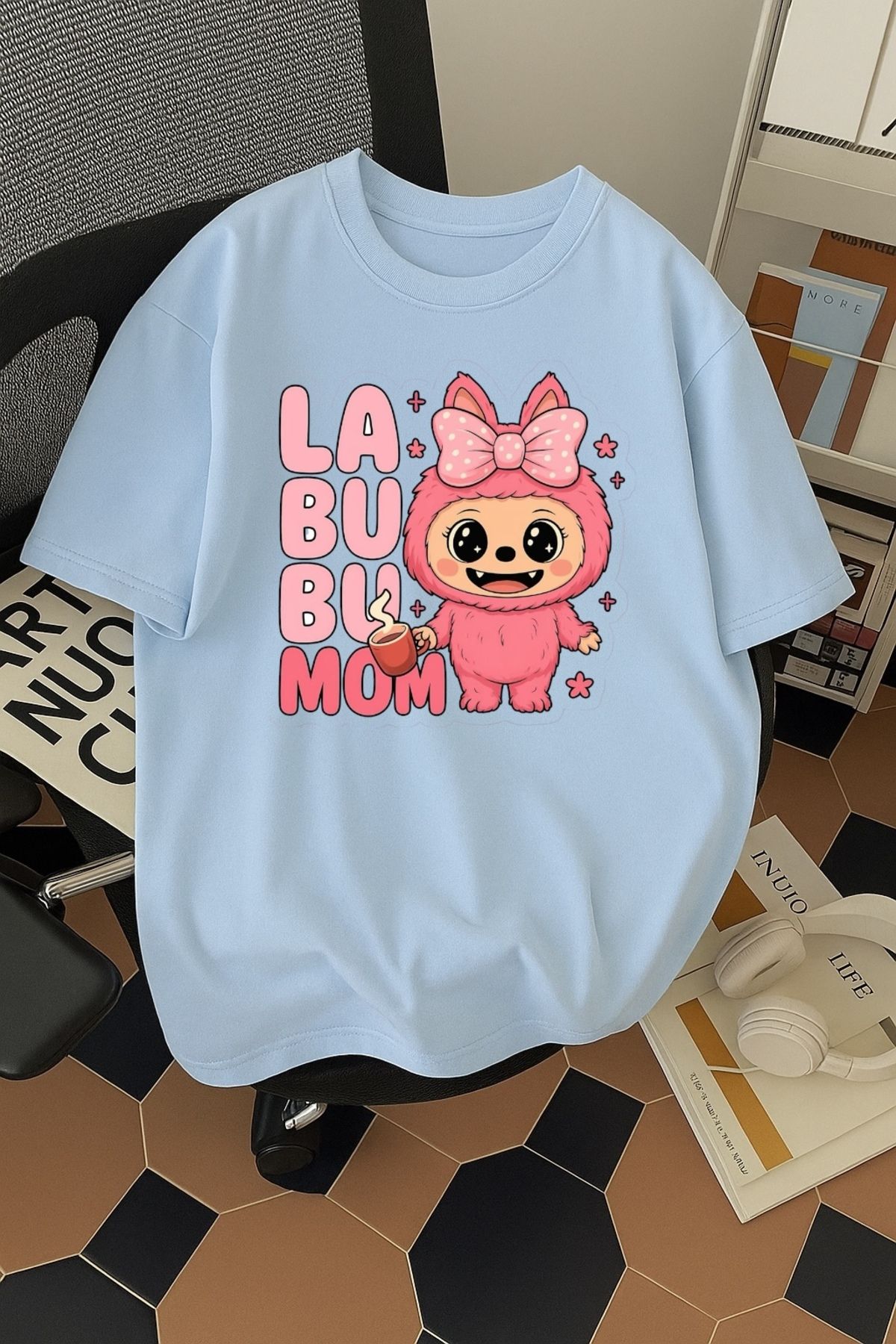 SOHR Unisex Erkek/Kadın Labubu Mom Renkli Baskılı Oversize Pamuklu T-Shirt