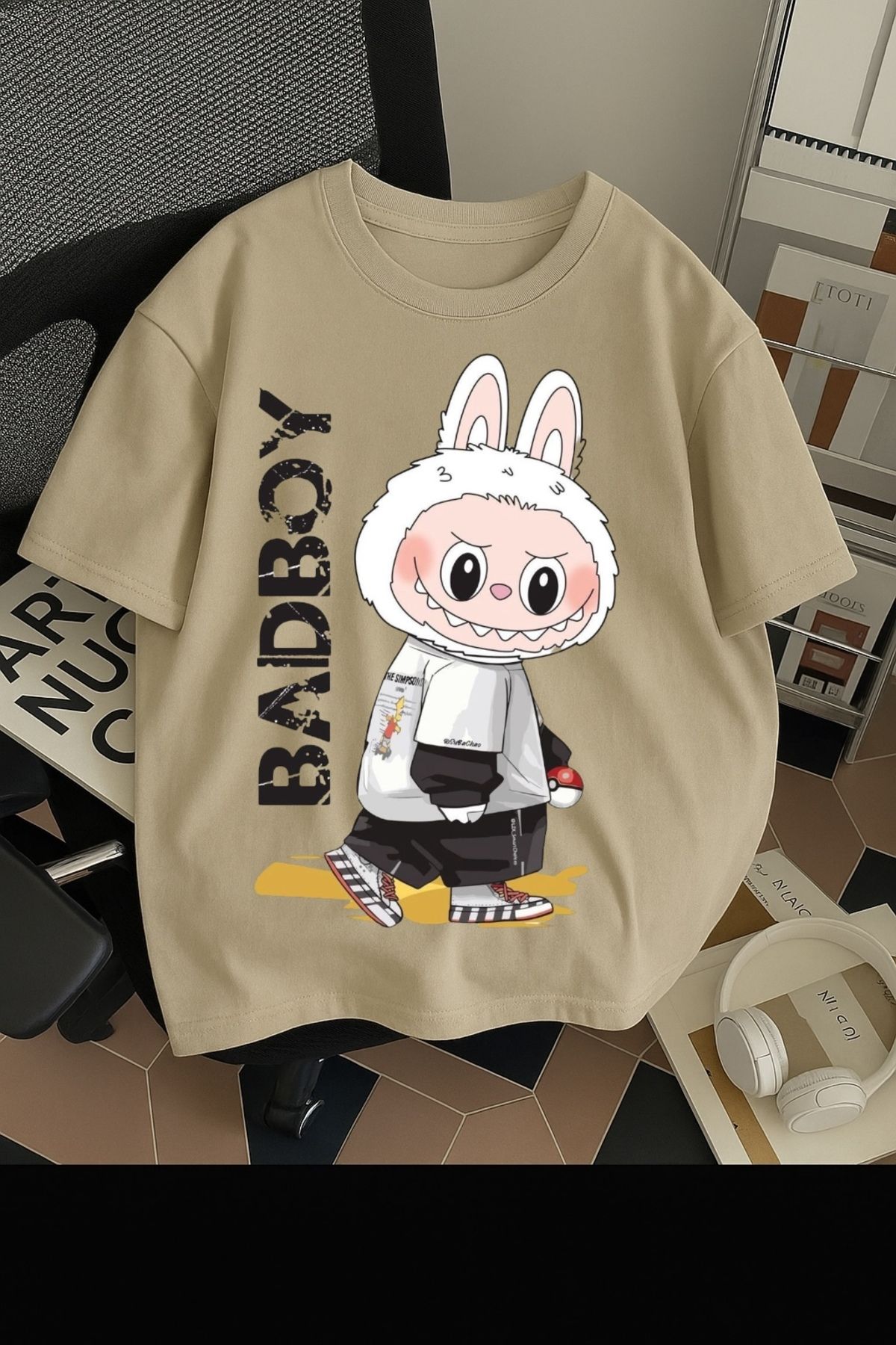 SOHR Unisex Erkek/Kadın Labubu BadBoy Renkli Baskılı Oversize Pamuklu T-Shirt