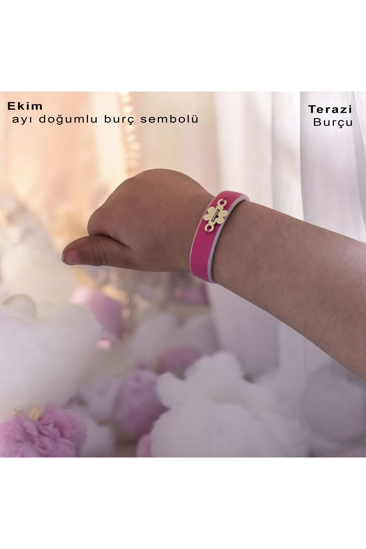 ARCHINO GOLD Ekim Ayı Doğumlarına Çiçek Motifli 14 Ayar Altın Plakalı Doğal Pembe Derili Hediye Bileklik-383ay