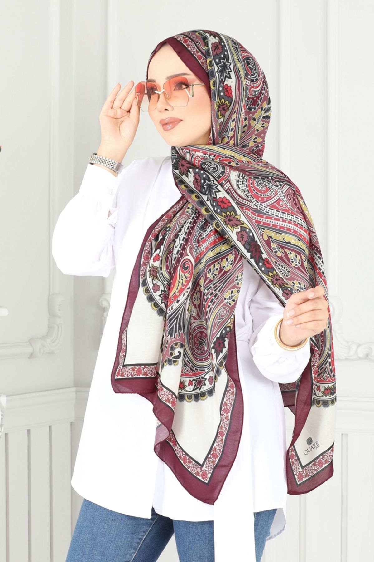 Modaselvim Etnik Desen Soft Şal Serisi 704ART1138 Taş&Bordo