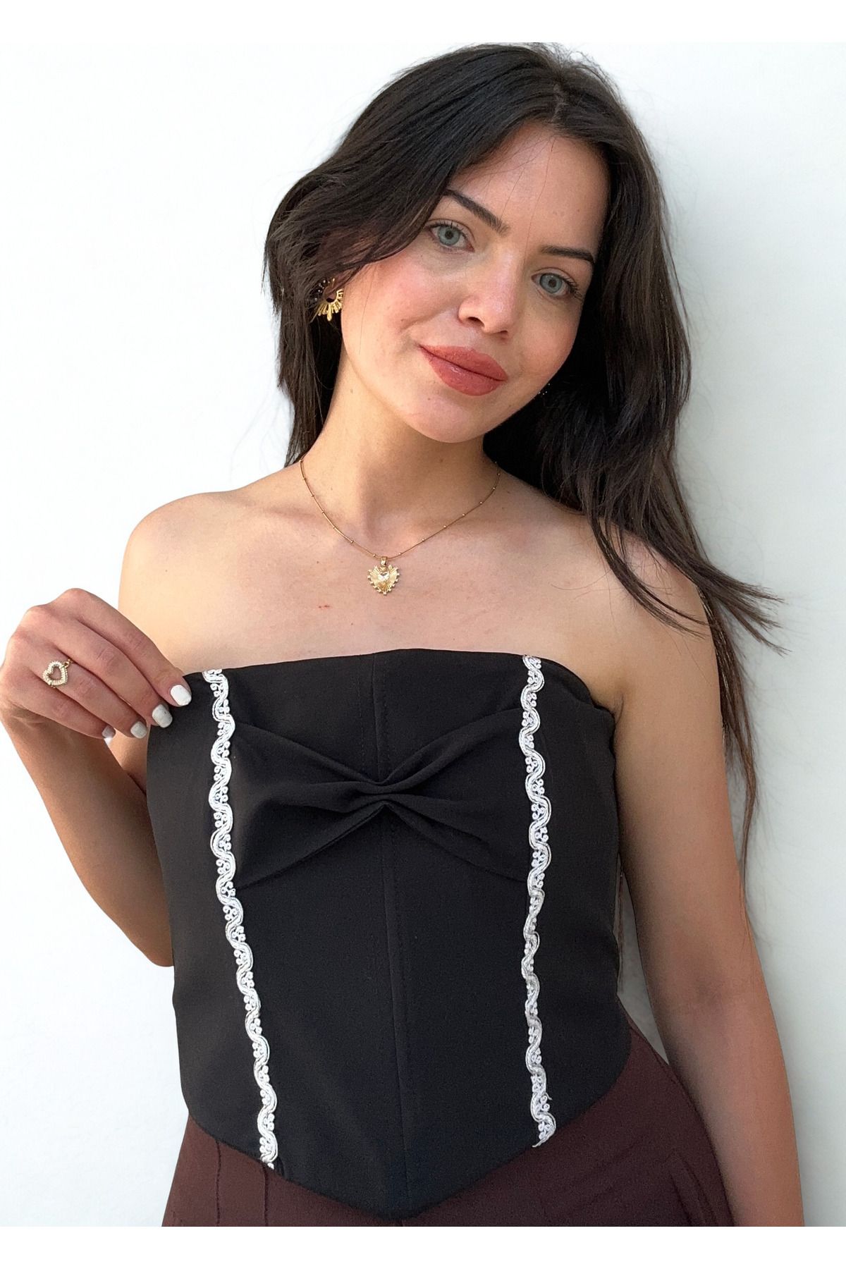BELTICHA Kurdele Detaylı Büstiyer Coquette Tarzı Şerit Detay Balenli Y2K Korse Crop Büstiyer