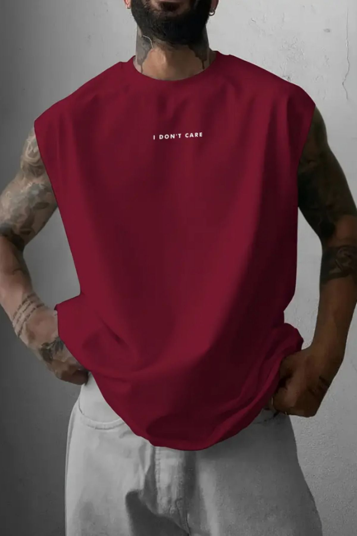 BLUE STREET I Don't Care Baskılı Bordo Kolsuz Atlet tshirt Erkek Sıfır Kol Oversize T-SHİRT