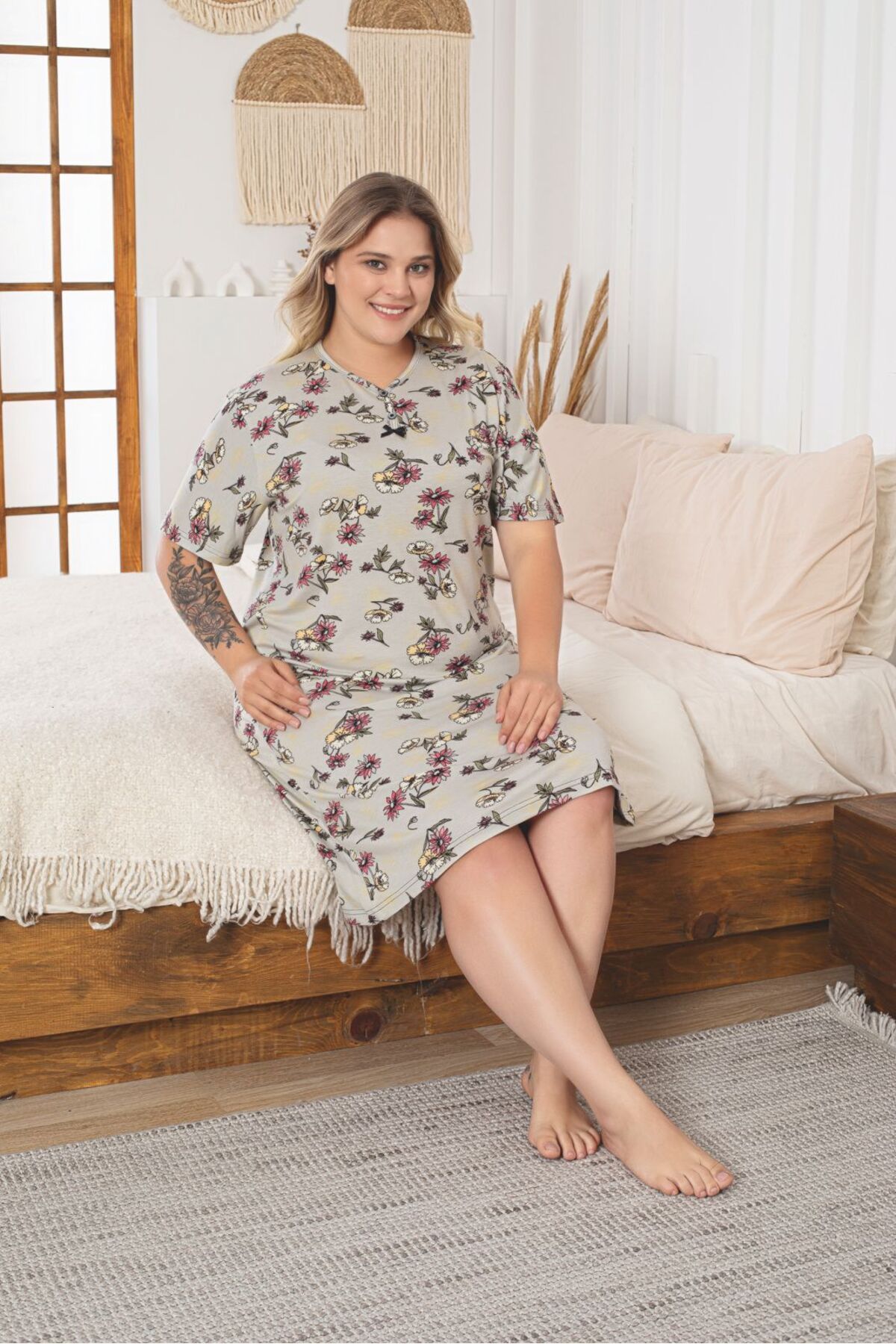 Asel-Women's Floral Patterned Plus Size Lycra Combed Cotton Dress 2