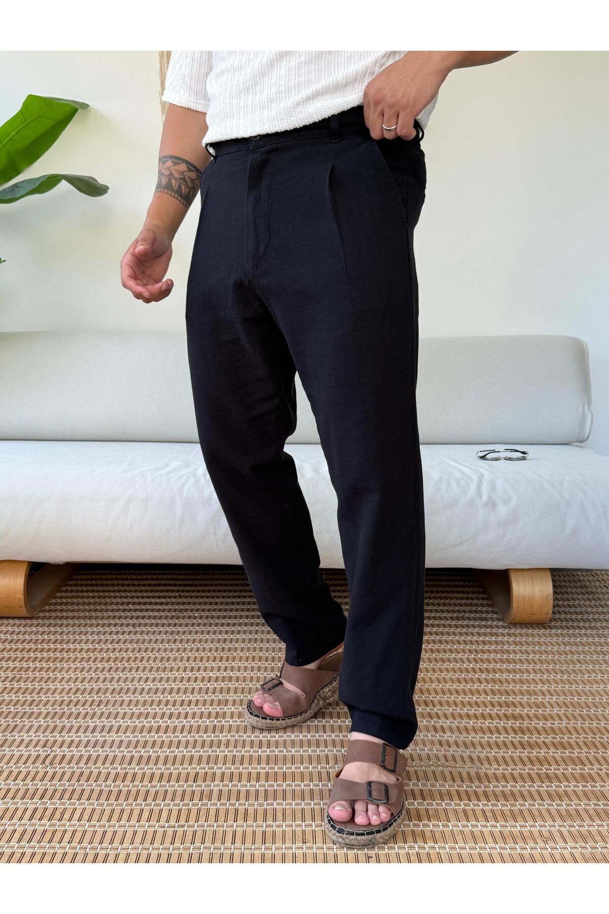 MENOFOURSWEAR Siyah Ham Keten Premium Baggy Kalıp Pantolon