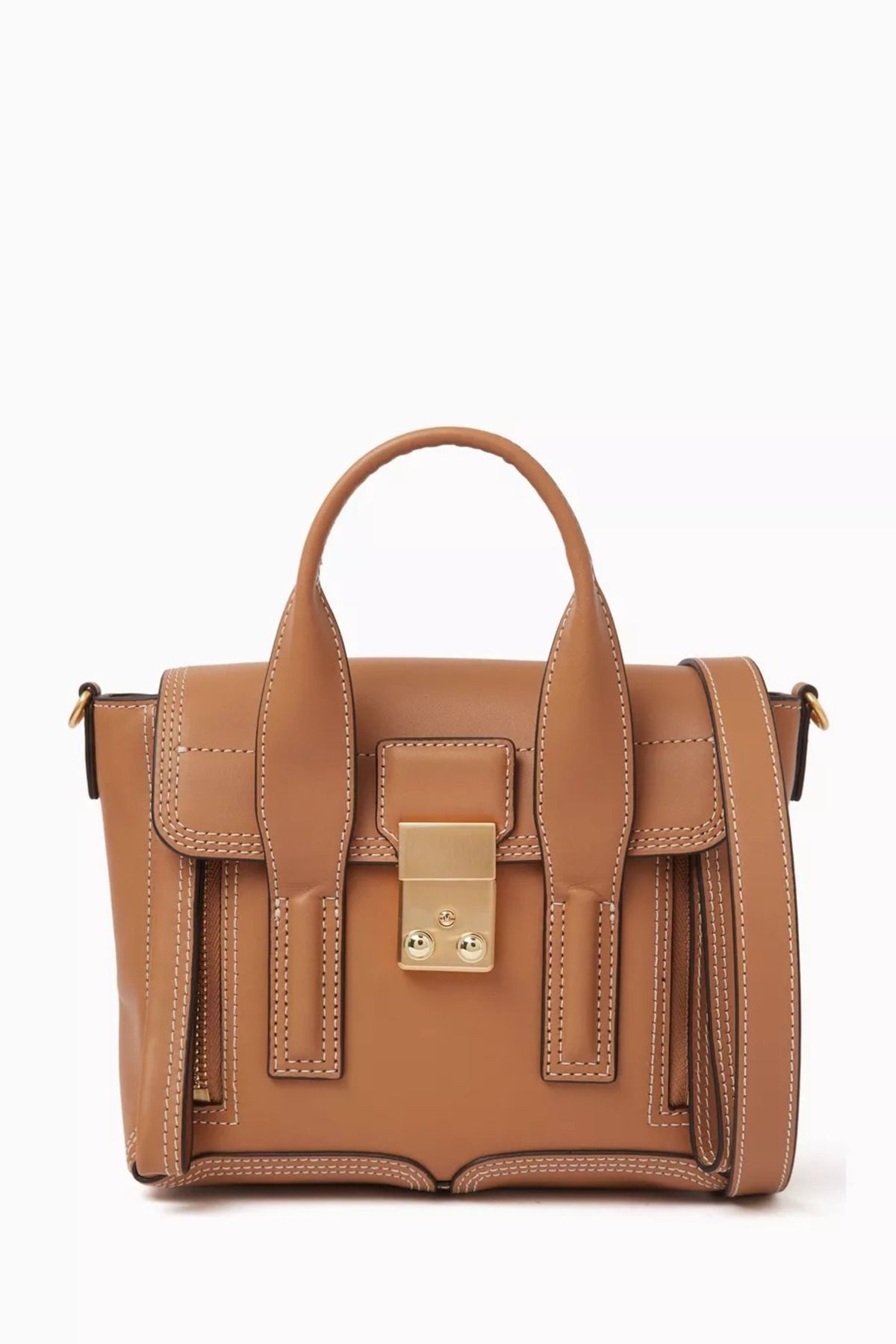 3.1 Phillip Lim Mini Pashli Camel Çanta Düz Deri, Altın Aksamlı, İkonik ve Şık Tasarım