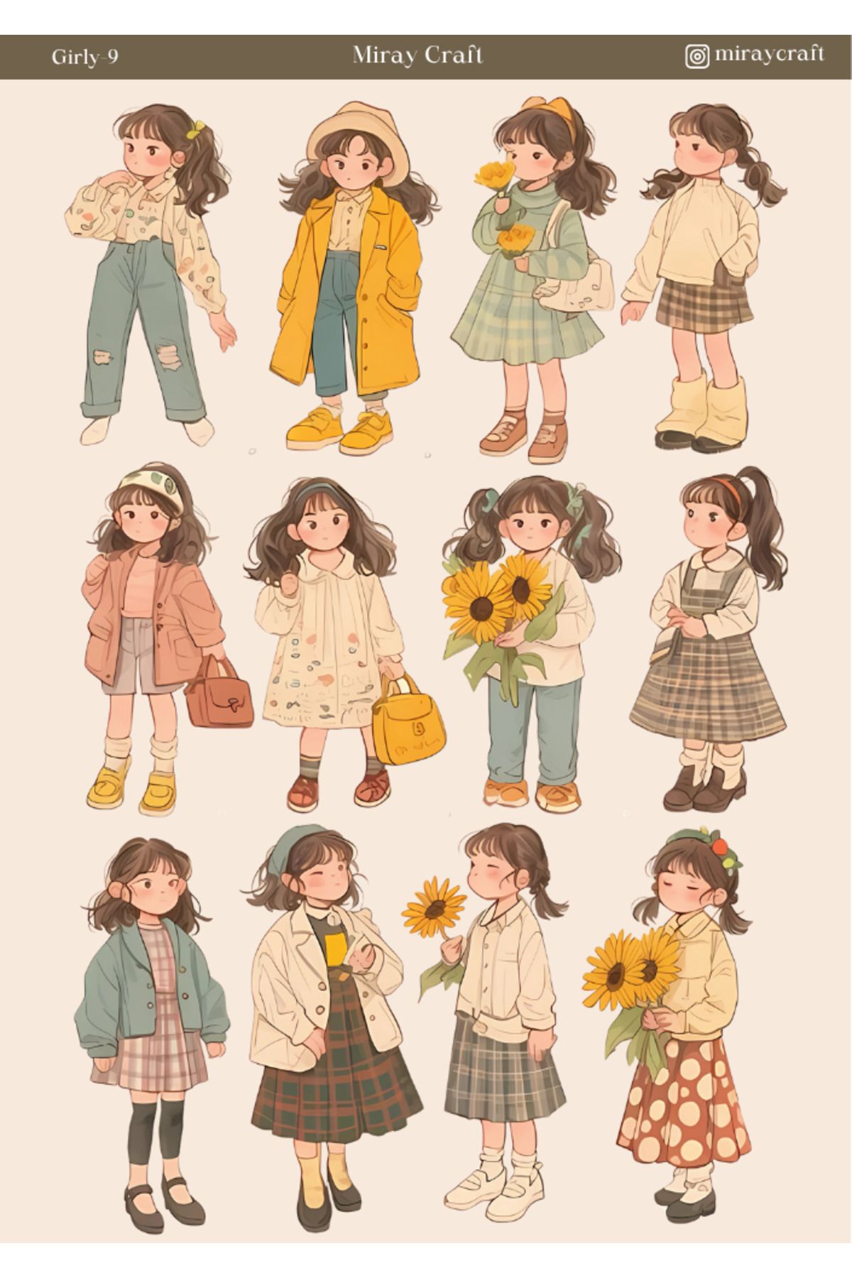 MirayDesign 1 Adet Girl Temalı Anime İllüstrasyon Sticker (12x17 cm) Bullet Journal, Scrapbook, Ajanda İçin